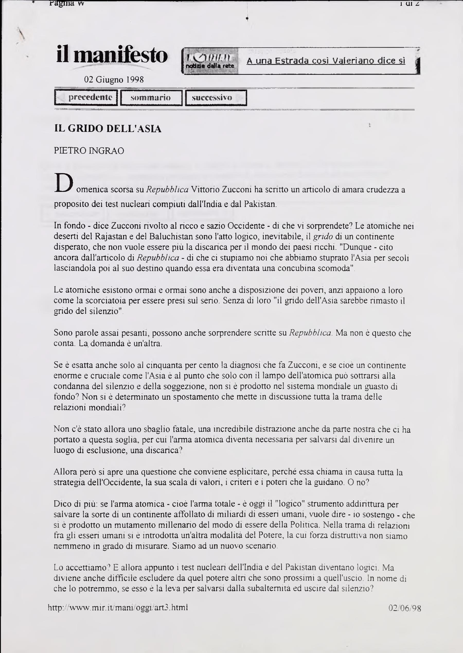 Ingrao per «Il Manifesto»