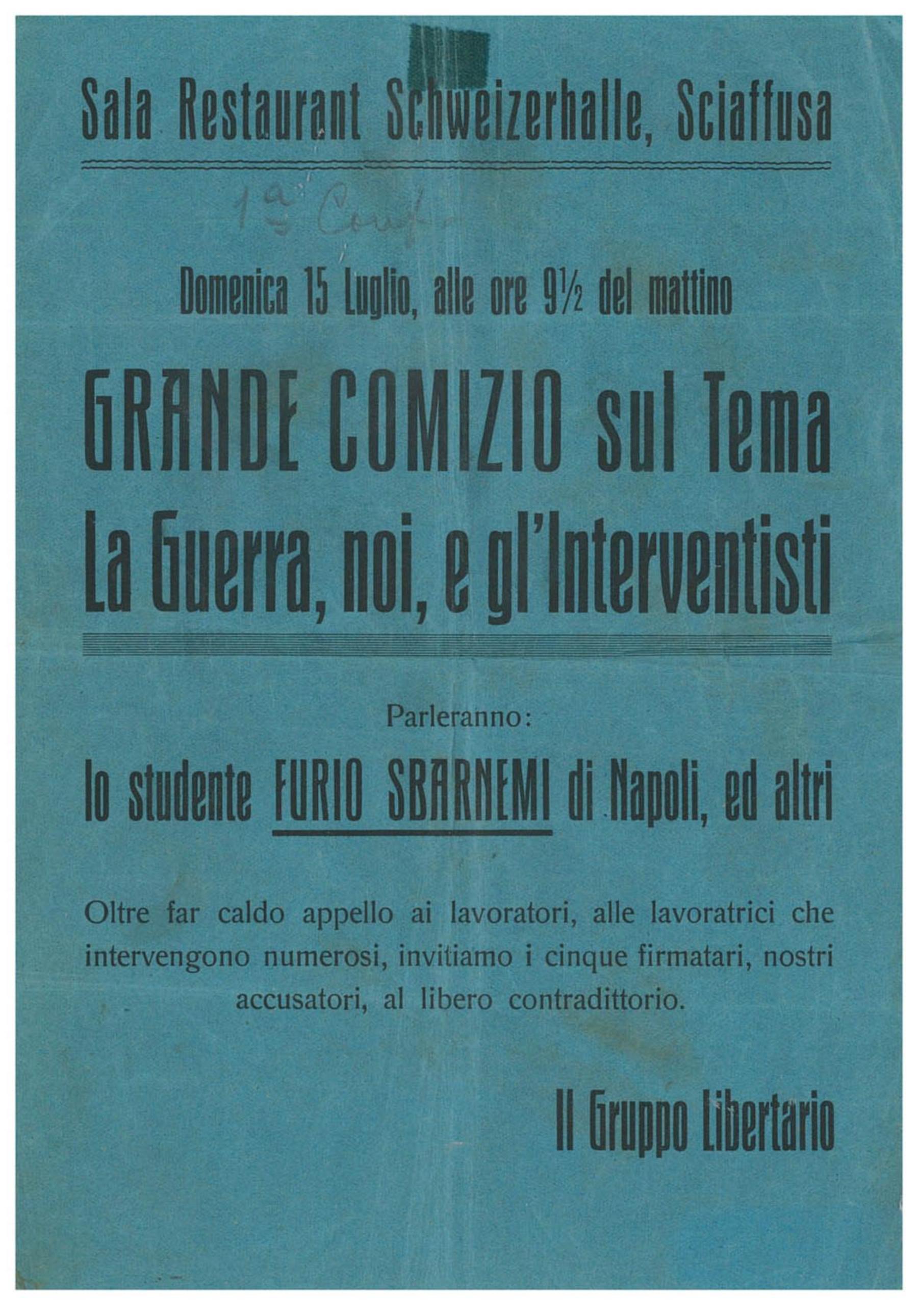 Volantino per comizio di Furio Sbarnemi (pseudonimo di Misefari), 1917