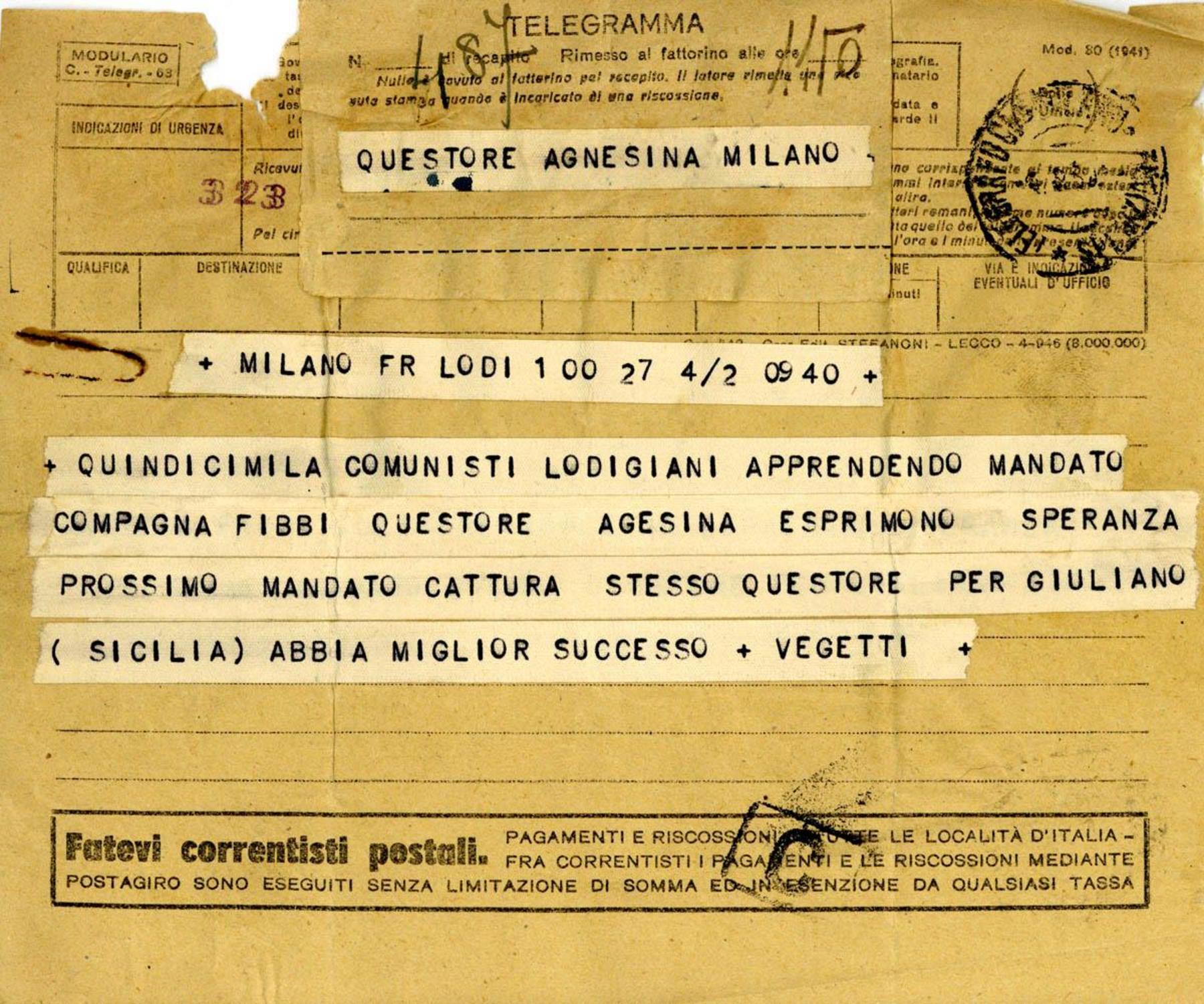 Telegramma per questore Agnesina