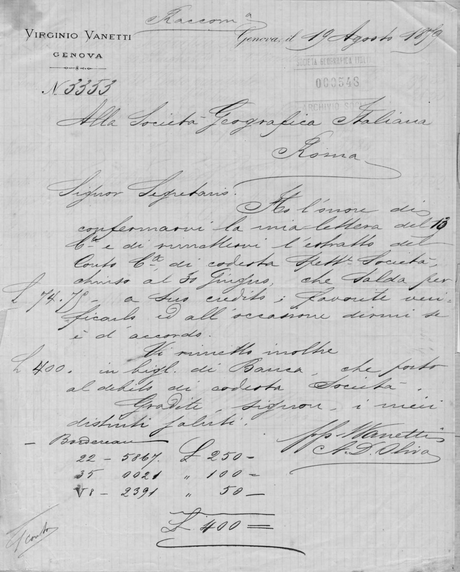 Lettera di Virginio Vanetti 19.8.1879