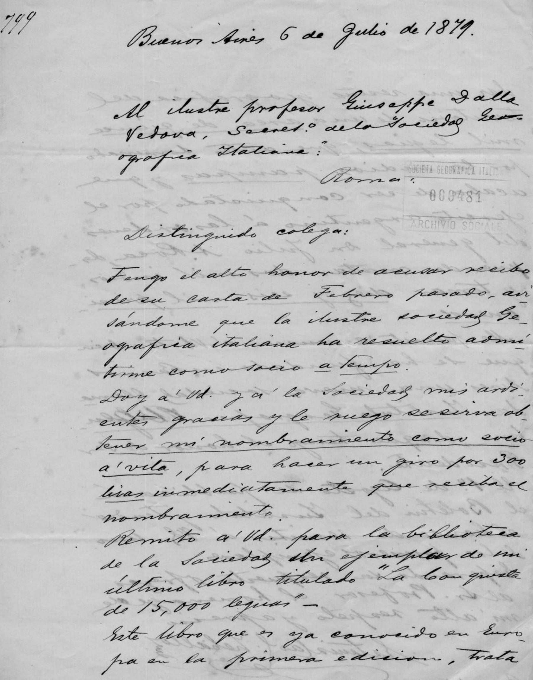 Lettera di Stanislao Zeballos 6.7.1879