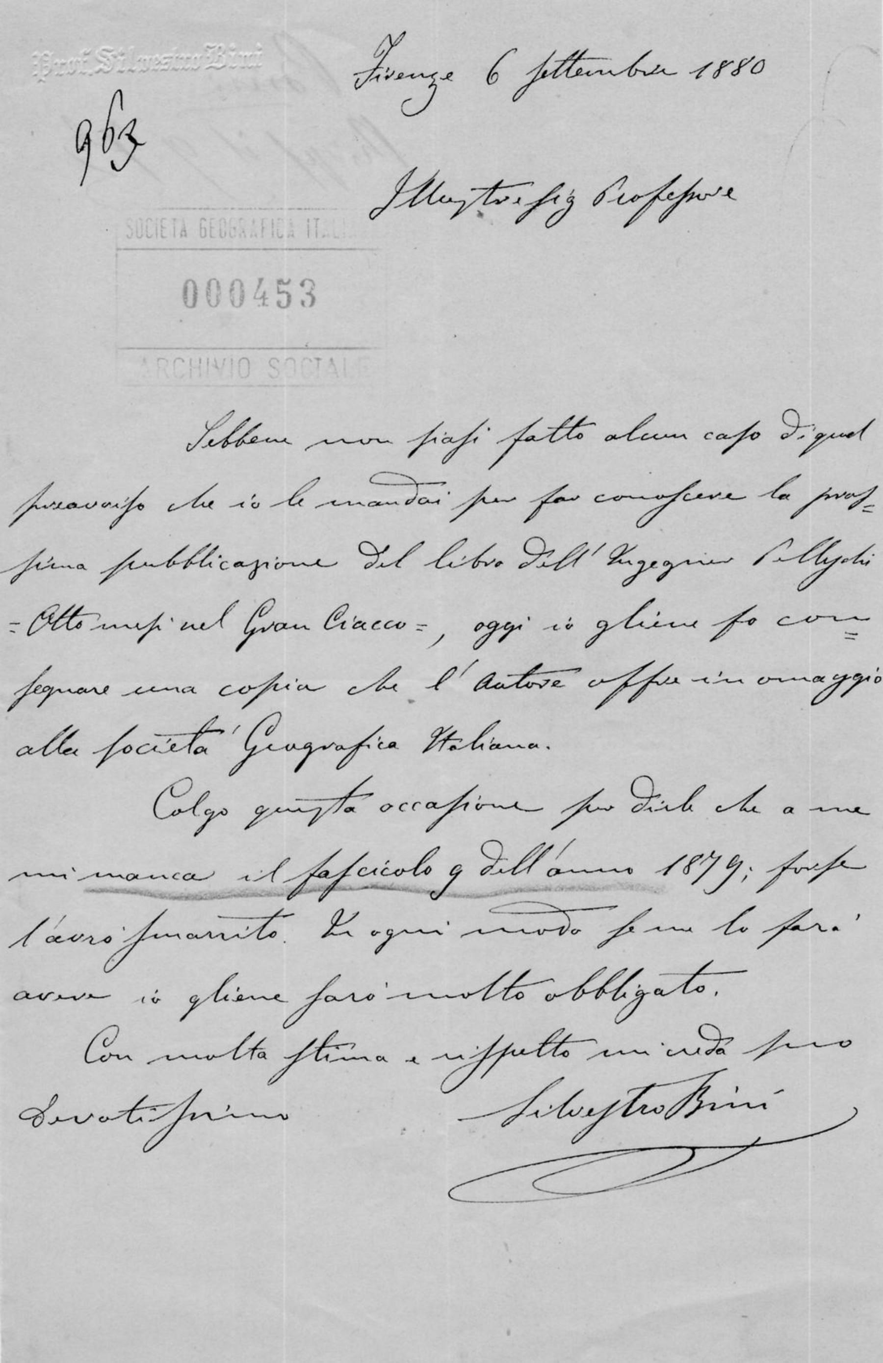 Lettera di Silvestro Bini 6.9.1880