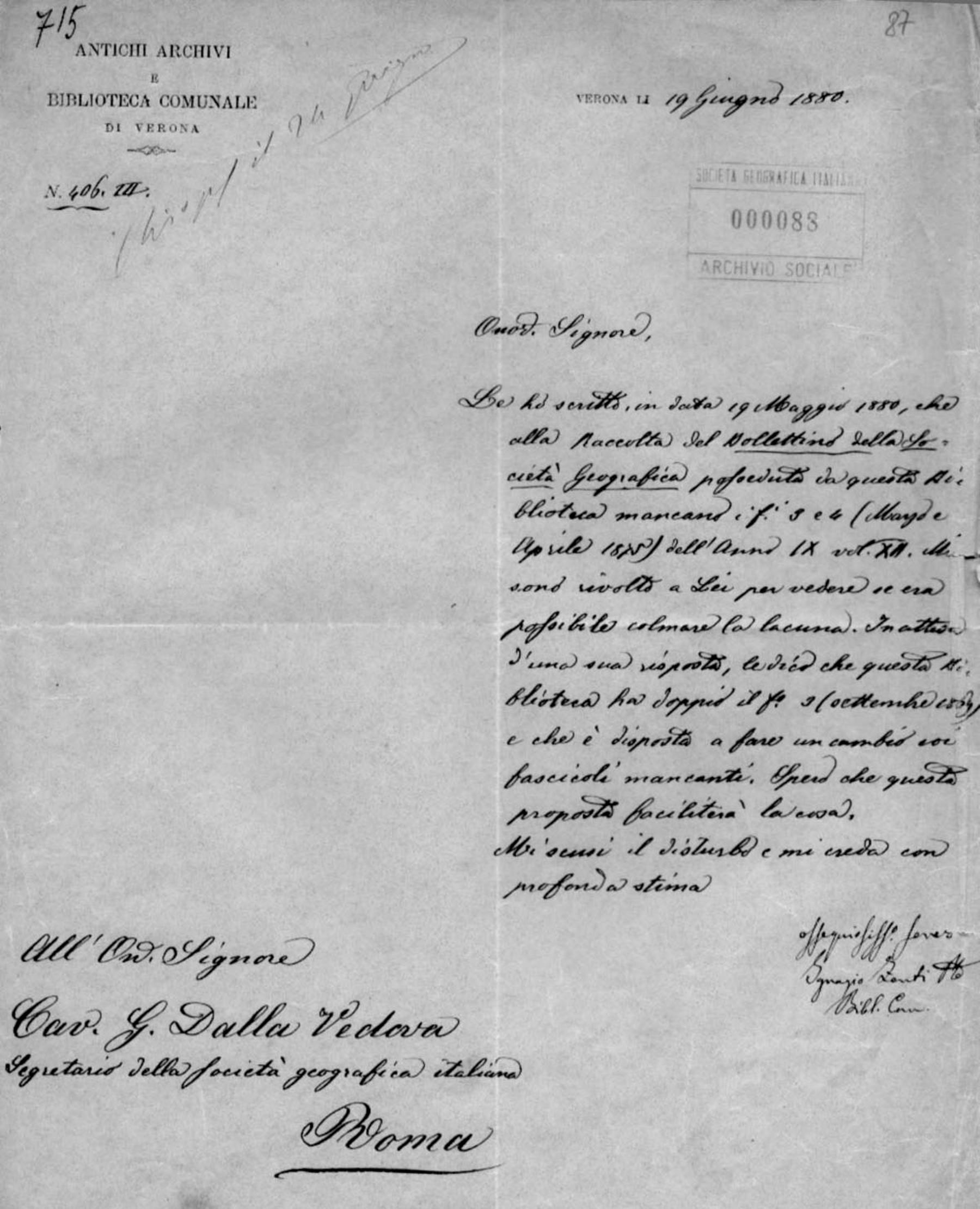 Lettera di Ignazio Zanti 19.6.1880