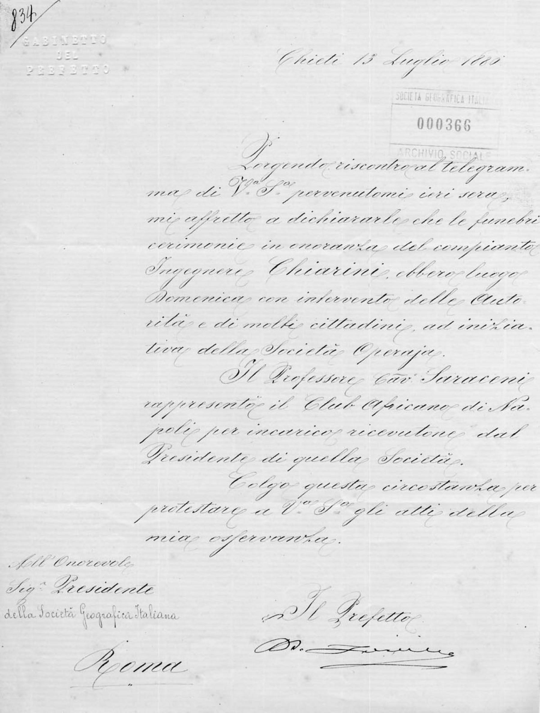 Lettera del Gabinetto del prefetto 13.7.1880
