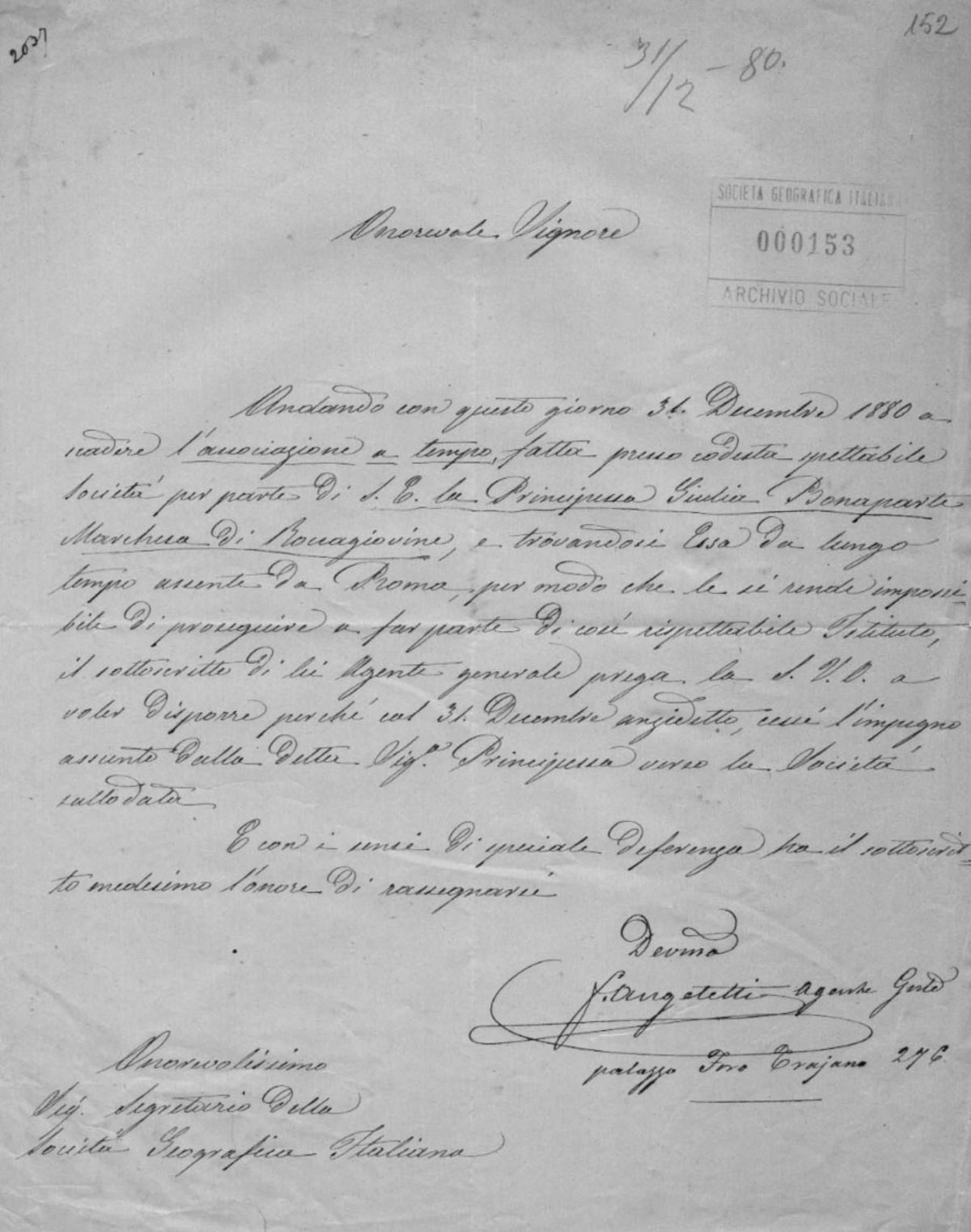 Lettera di Giulia Bonaparte 31.12.1880