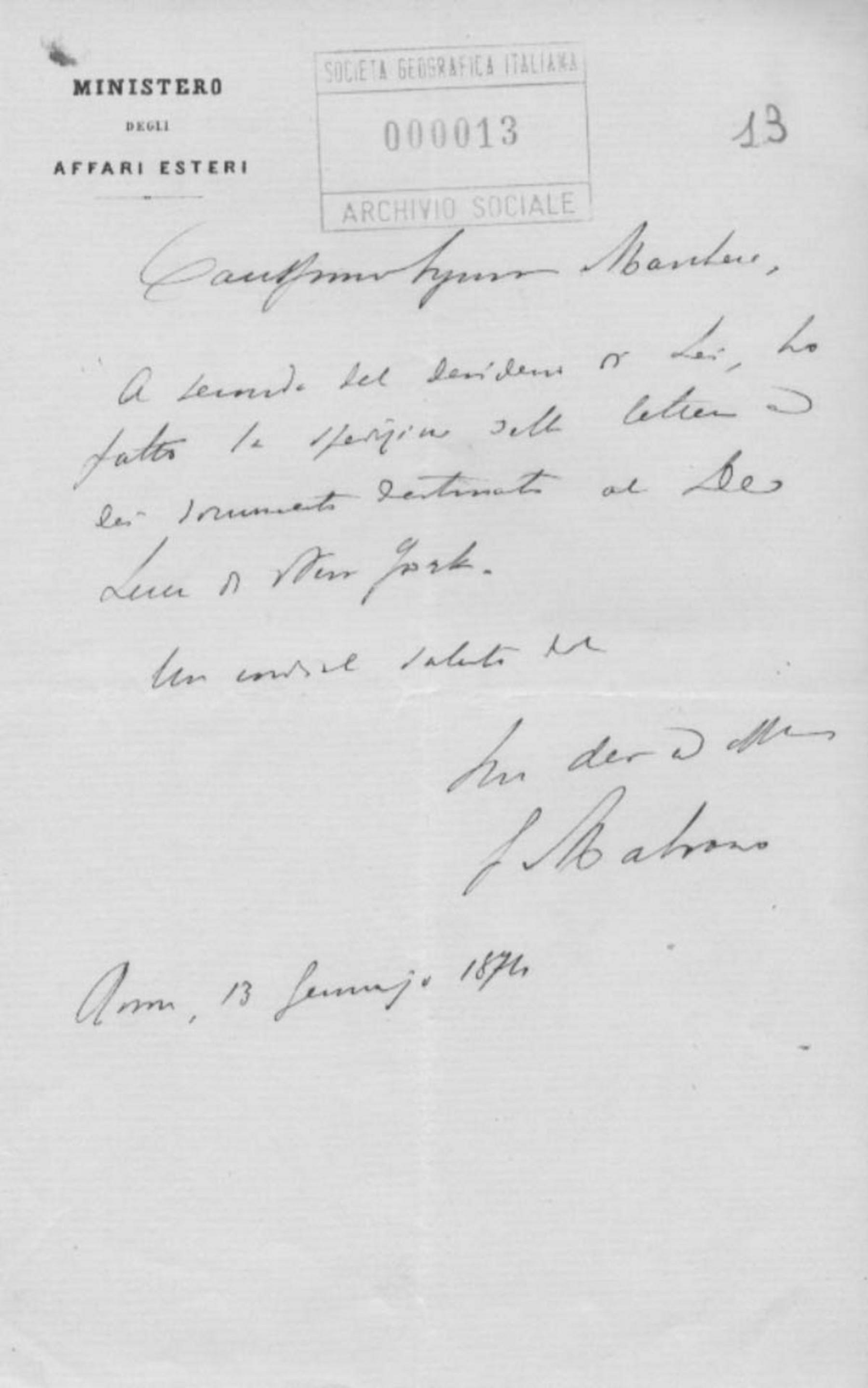 Giacomo Malvano a Orazio Antinori 13.1.1874