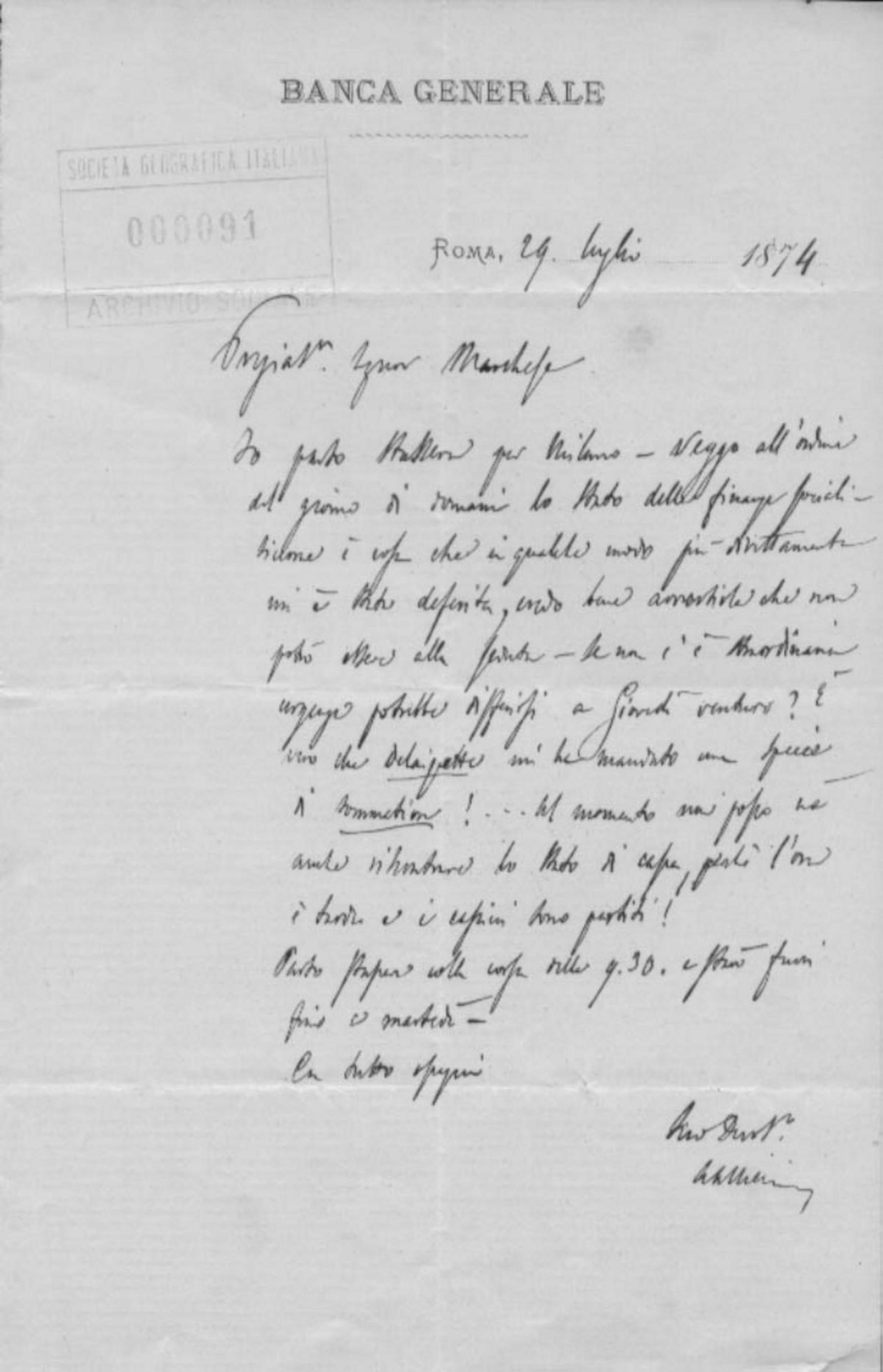 Antonio Allievi a Orazio Antinori 29.7.1874