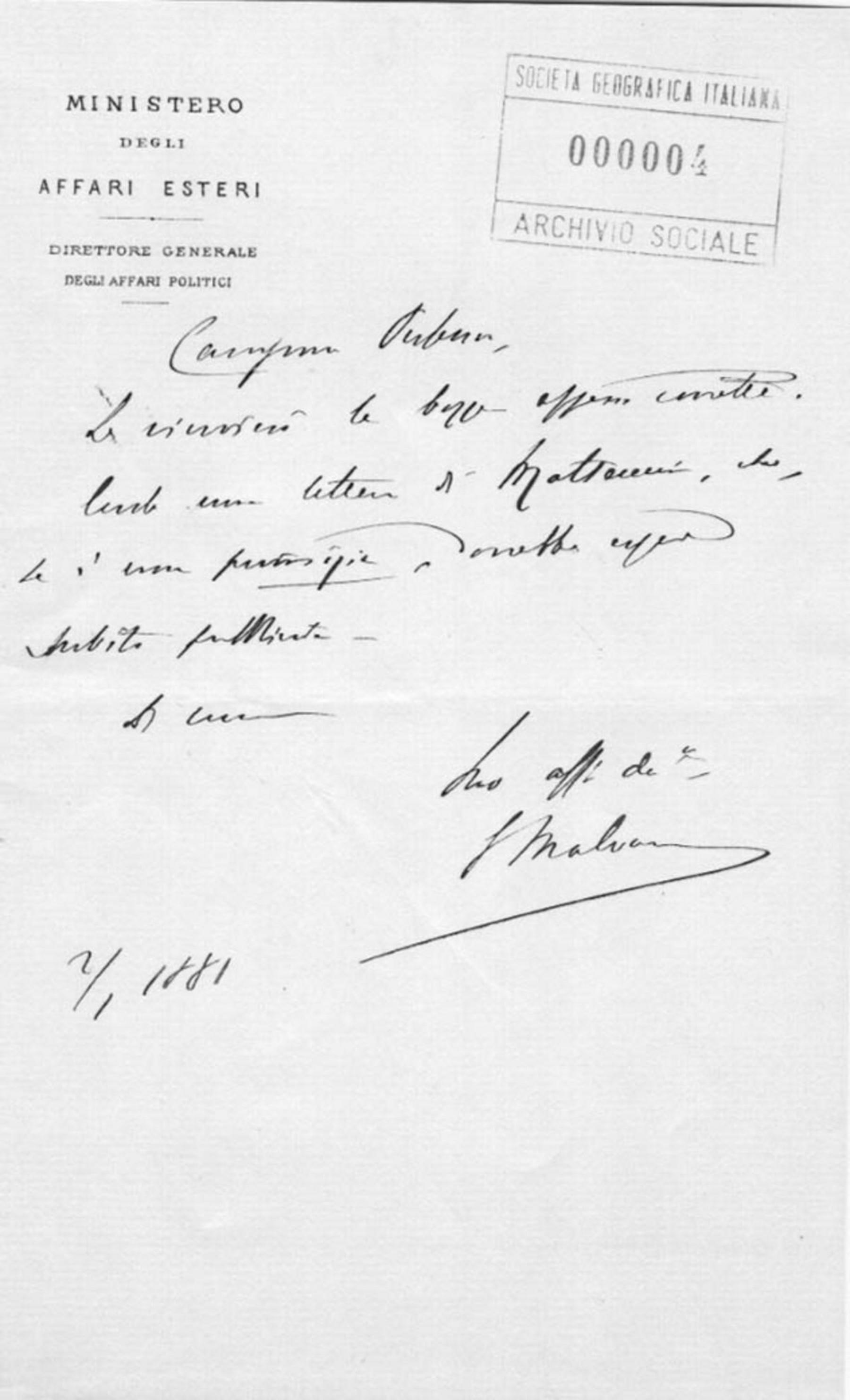 Giacomo Malvano a Giuseppe Dalla Vedova 2.1.1881