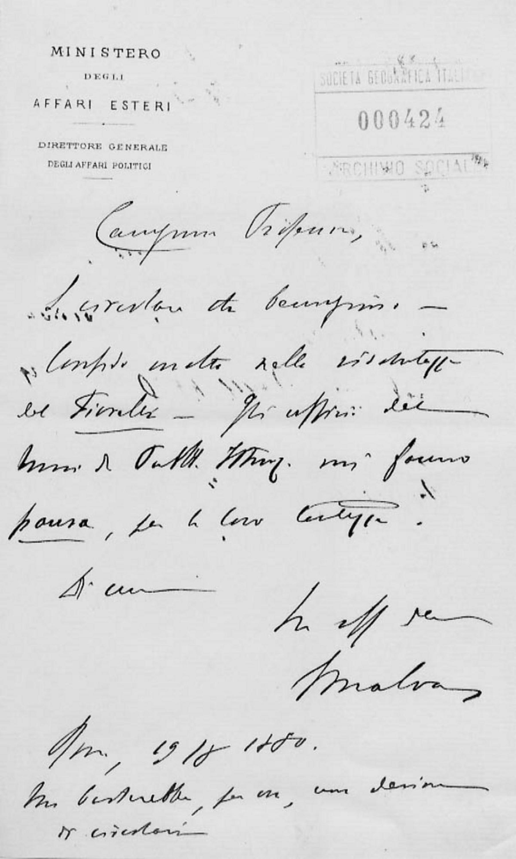 Giacomo Malvano a Giuseppe Dalla Vedova 19.8.1880