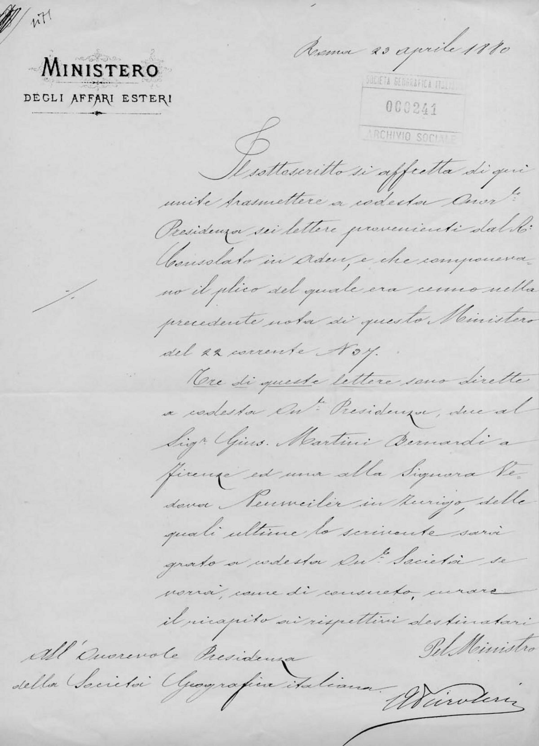 Augusto Peiroleri a Onorato Caetani 23.4.1880