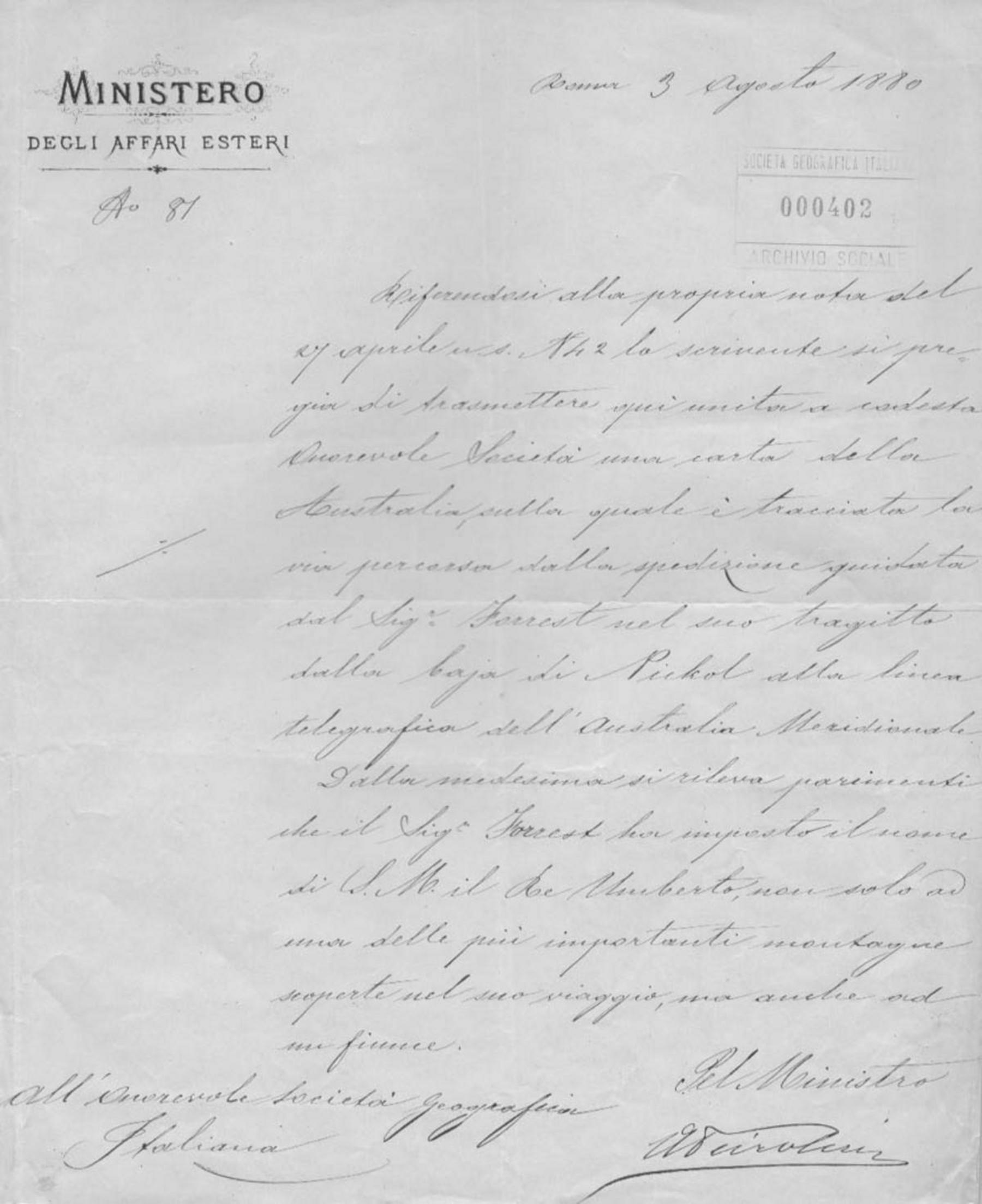 Augusto Peiroleri a Società geografica italiana 3.8.1880