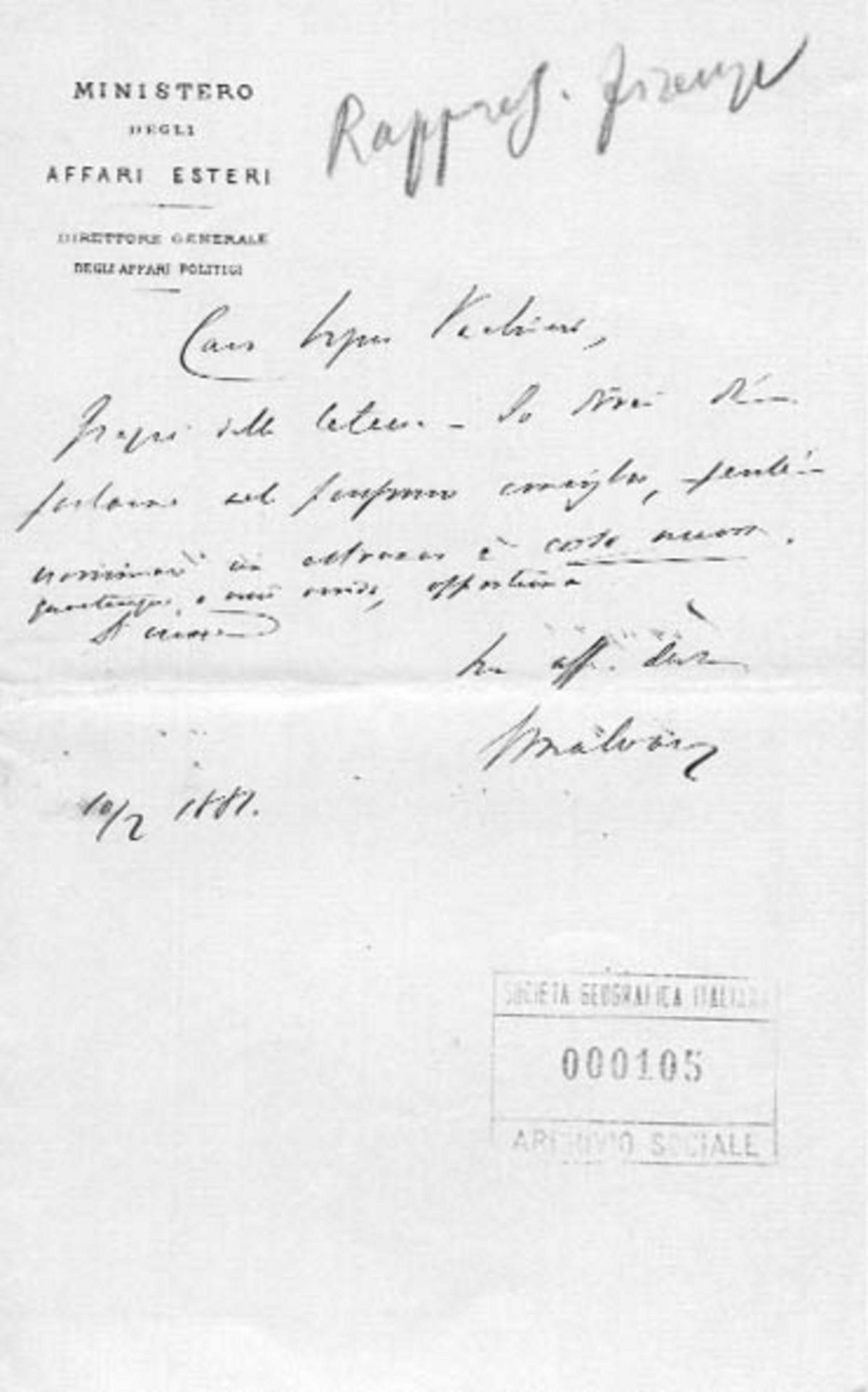 Giacomo Malvano a Società geografica italiana 10.2.1881