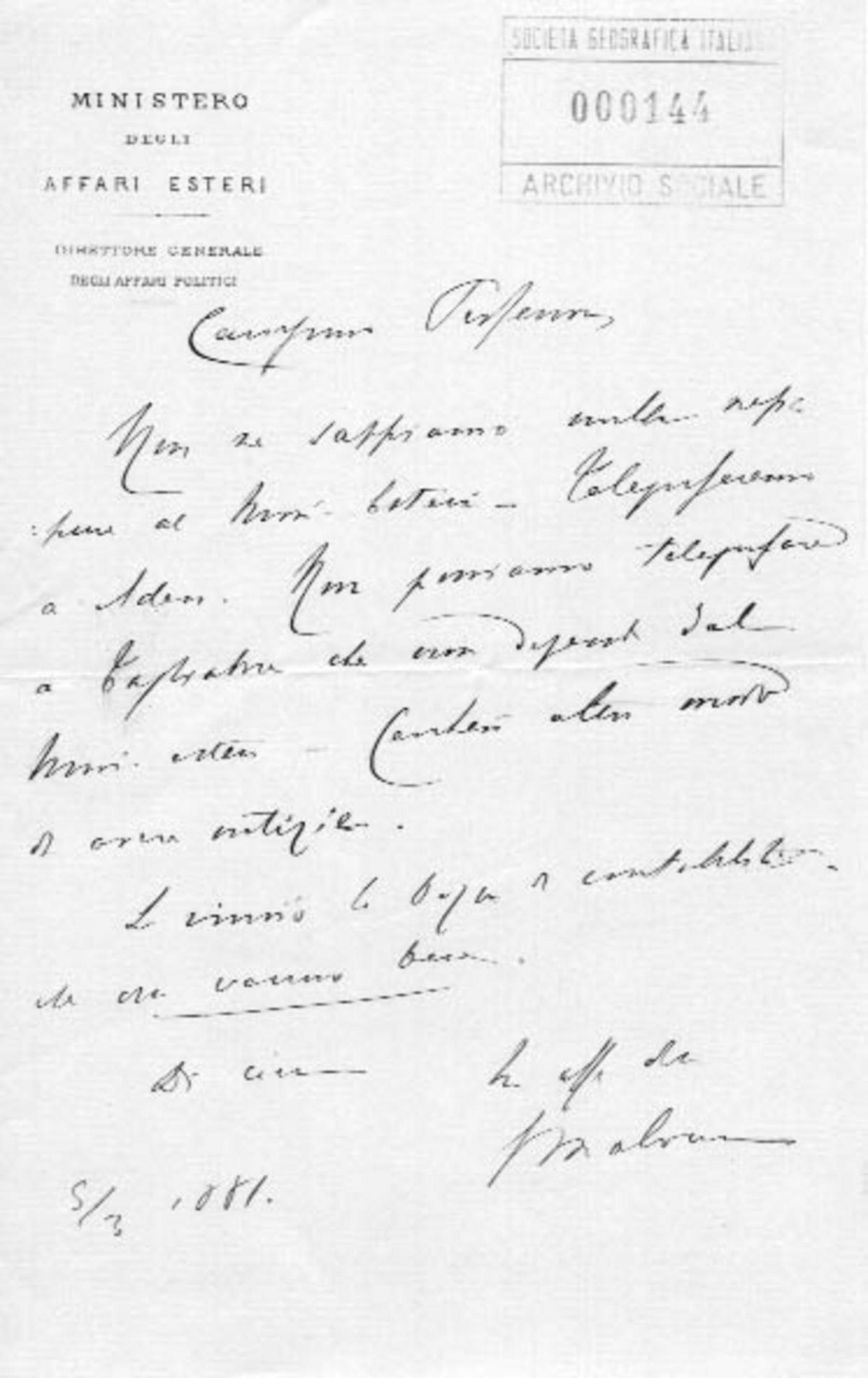 Giacomo Malvano a Giuseppe Dalla Vedova 5.3.1881