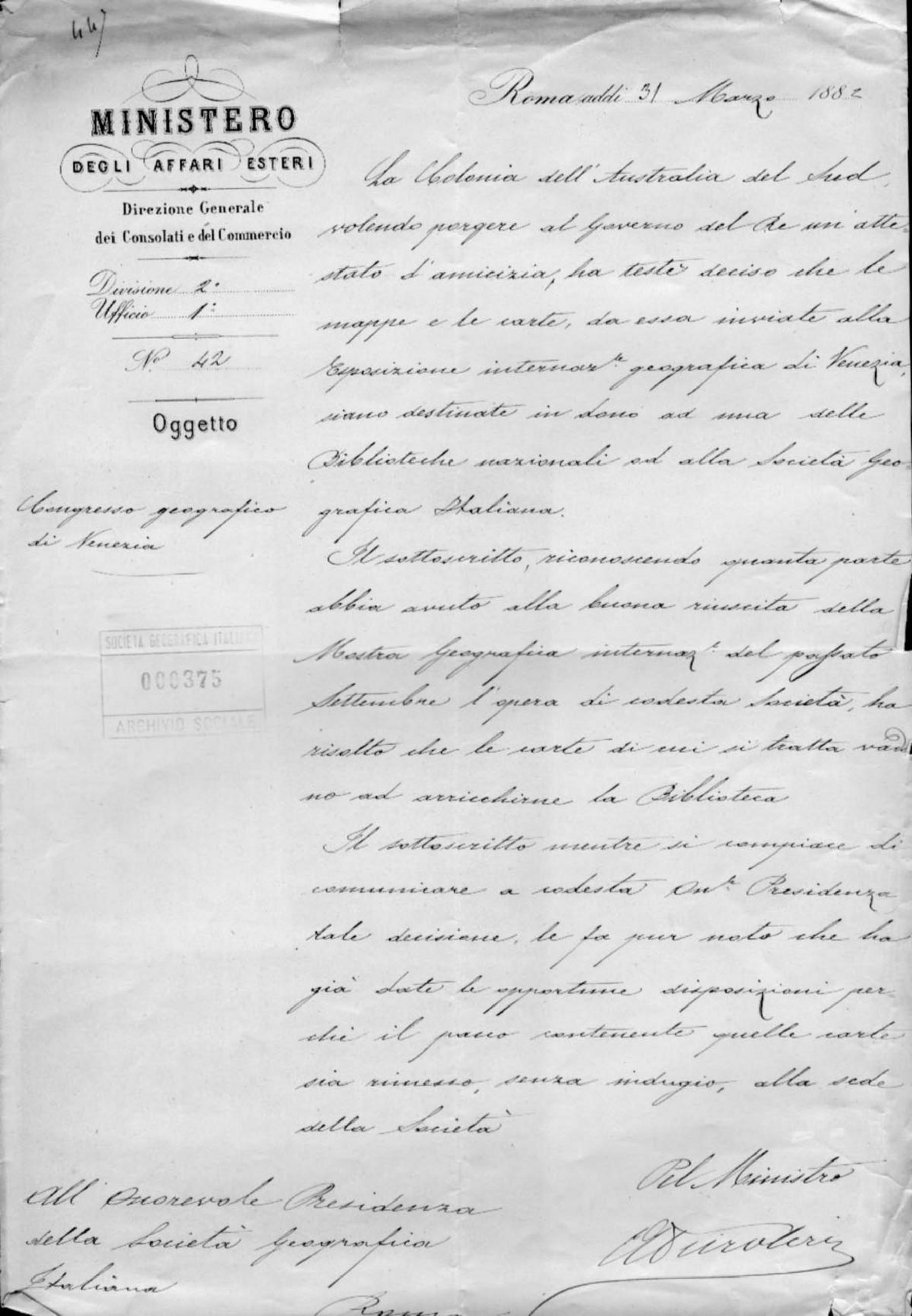 Augusto Peiroleri a Onorato Caetani 31.3.1882