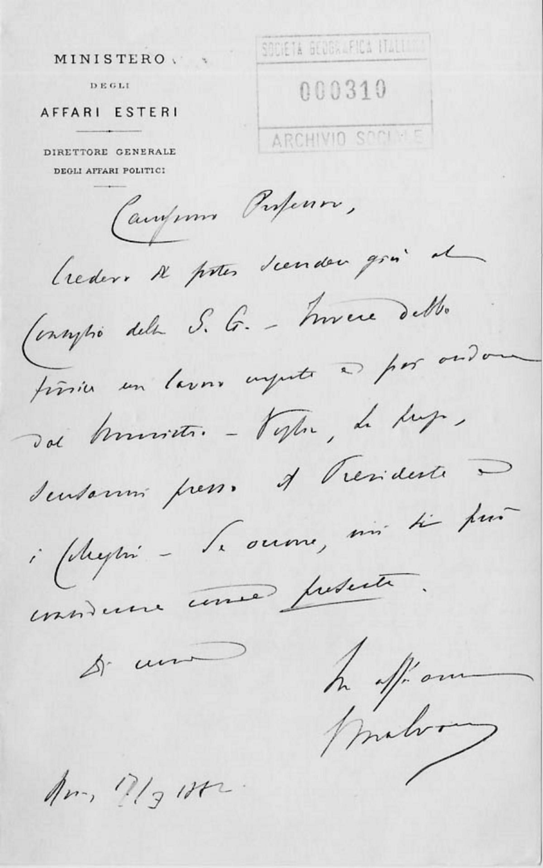 Giacomo Malvano a Giuseppe Dalla Vedova 17.3.1882