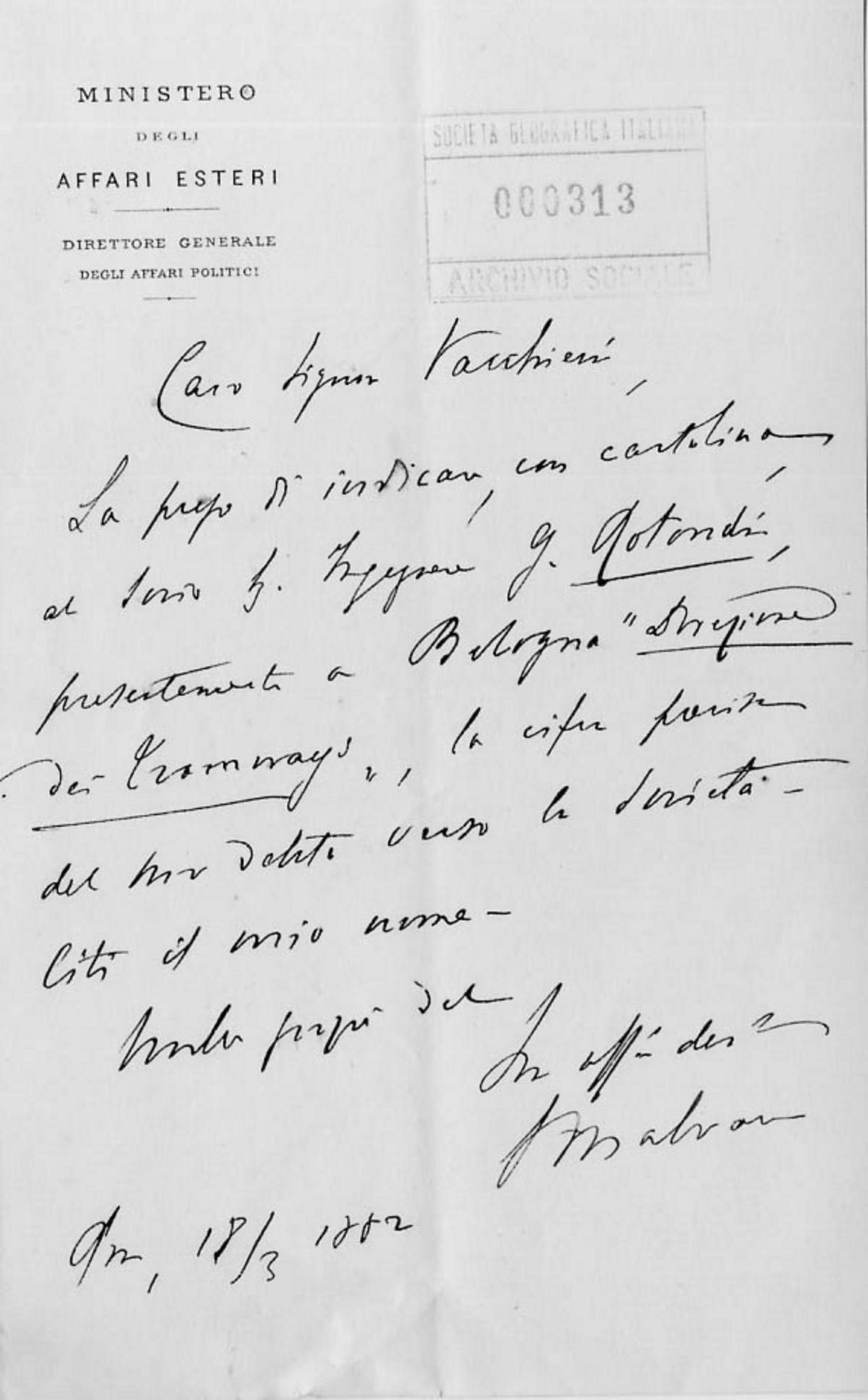 Giacomo Malvano a Girolamo Vacchieri 18.3.1882