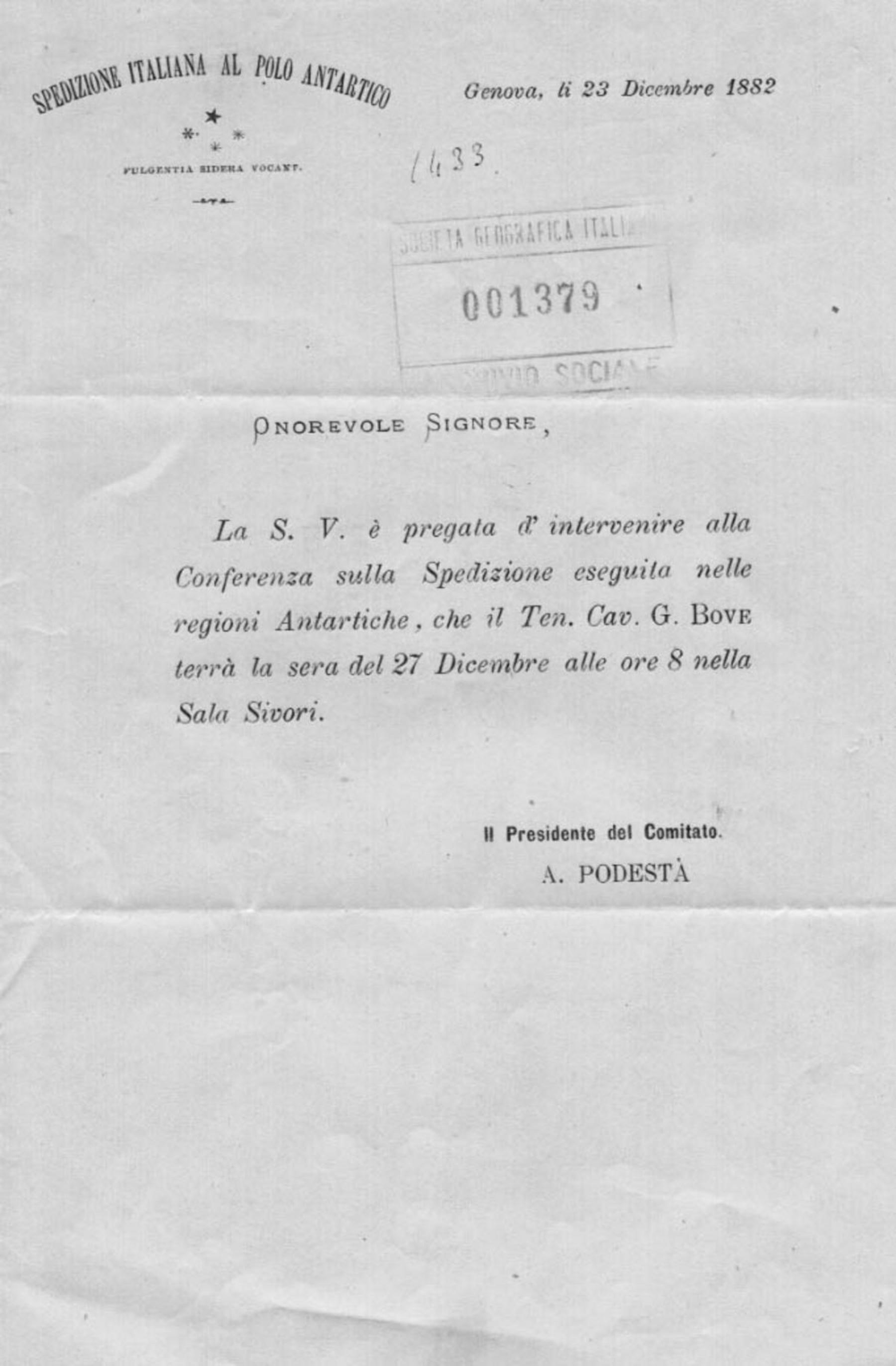 Andrea Podestà a Onorato Caetani 23.12.1882
