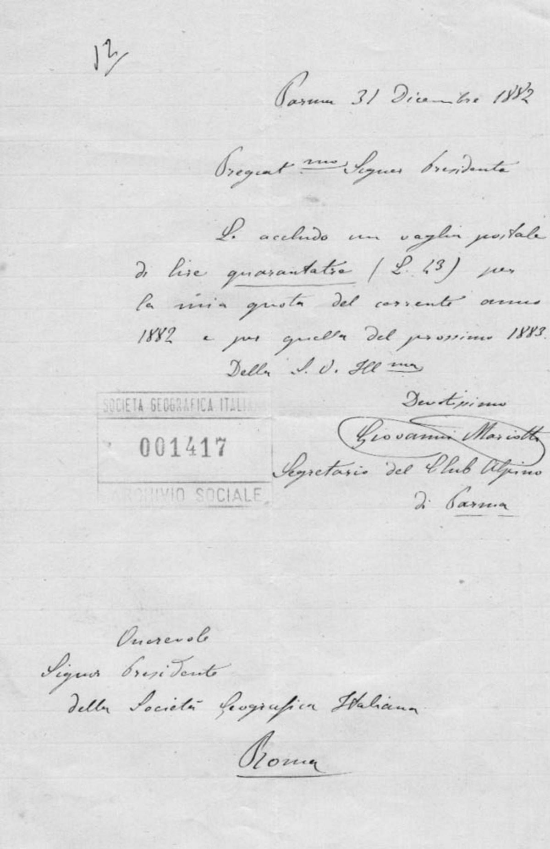 Giovanni Mariotti a Onorato Caetani 31.12.1882