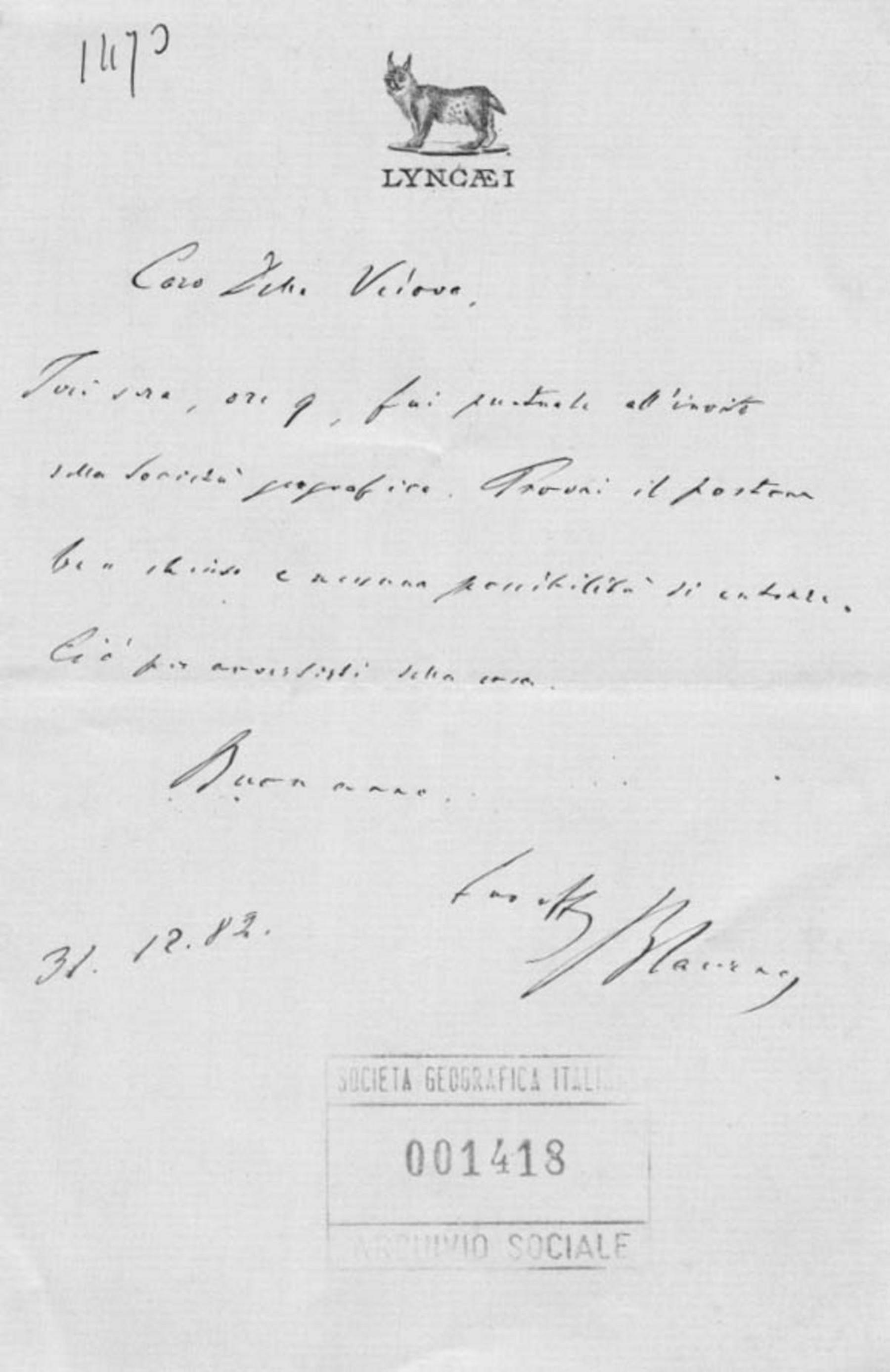 Pietro Blaserna a Giuseppe Dalla Vedova 31.12.1882