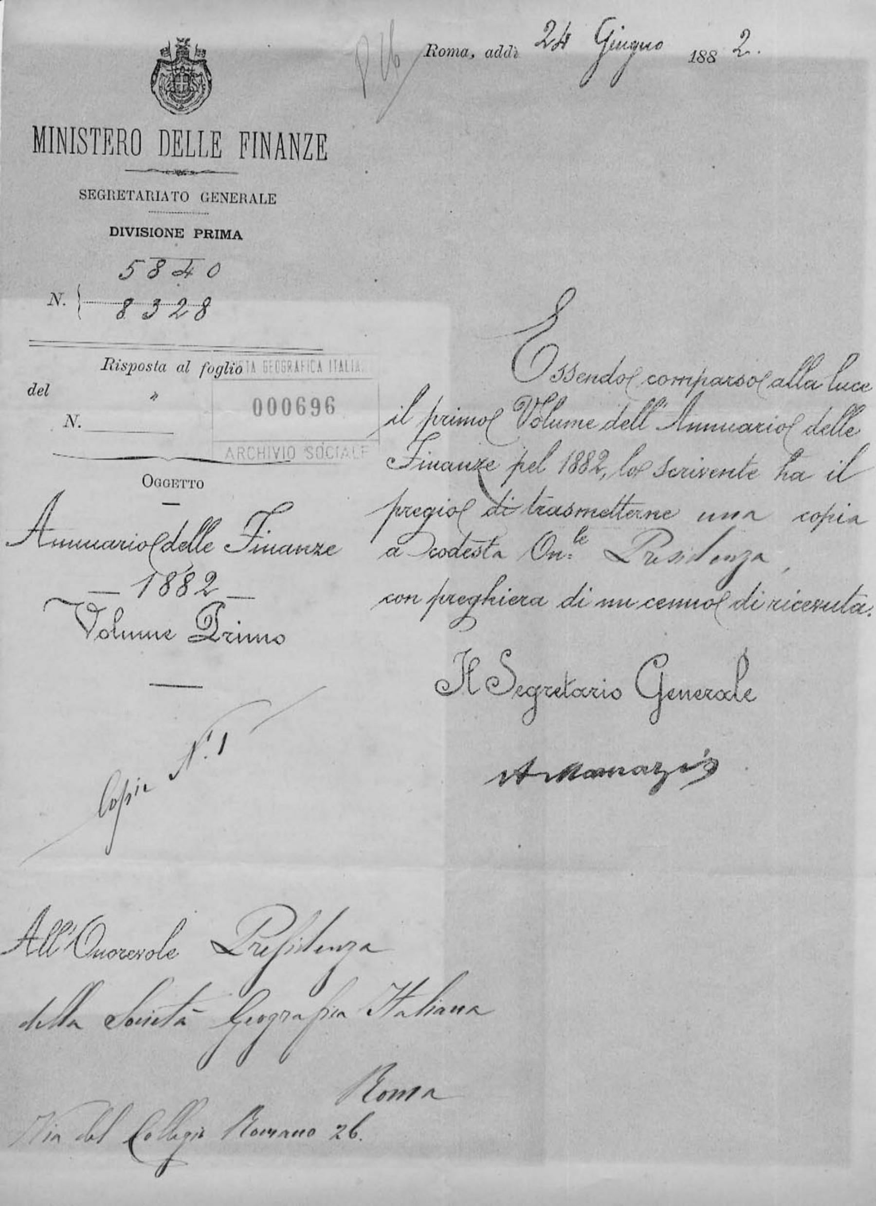 Annibale Marazio a Onorato Caetani 24.6.1882