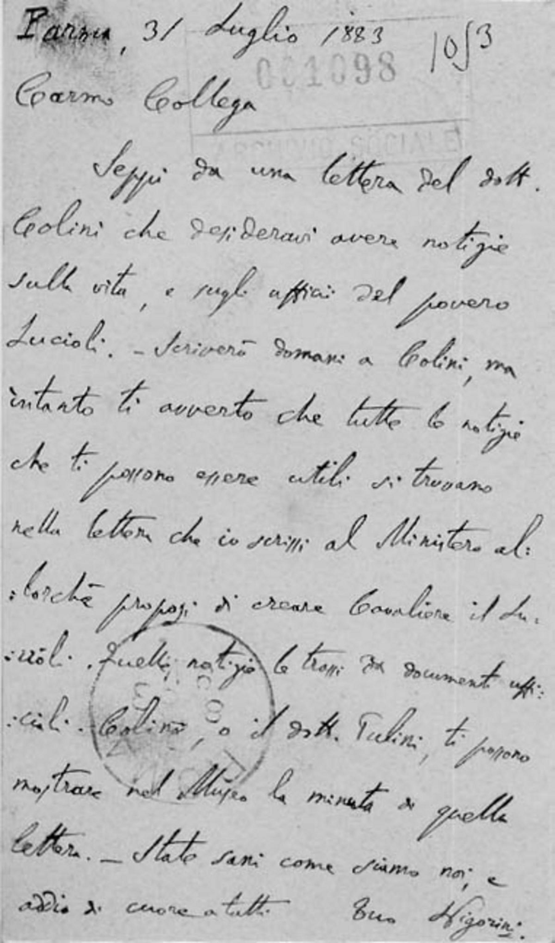 Luigi Pigorini a Giuseppe Dalla Vedova 31.7.1883