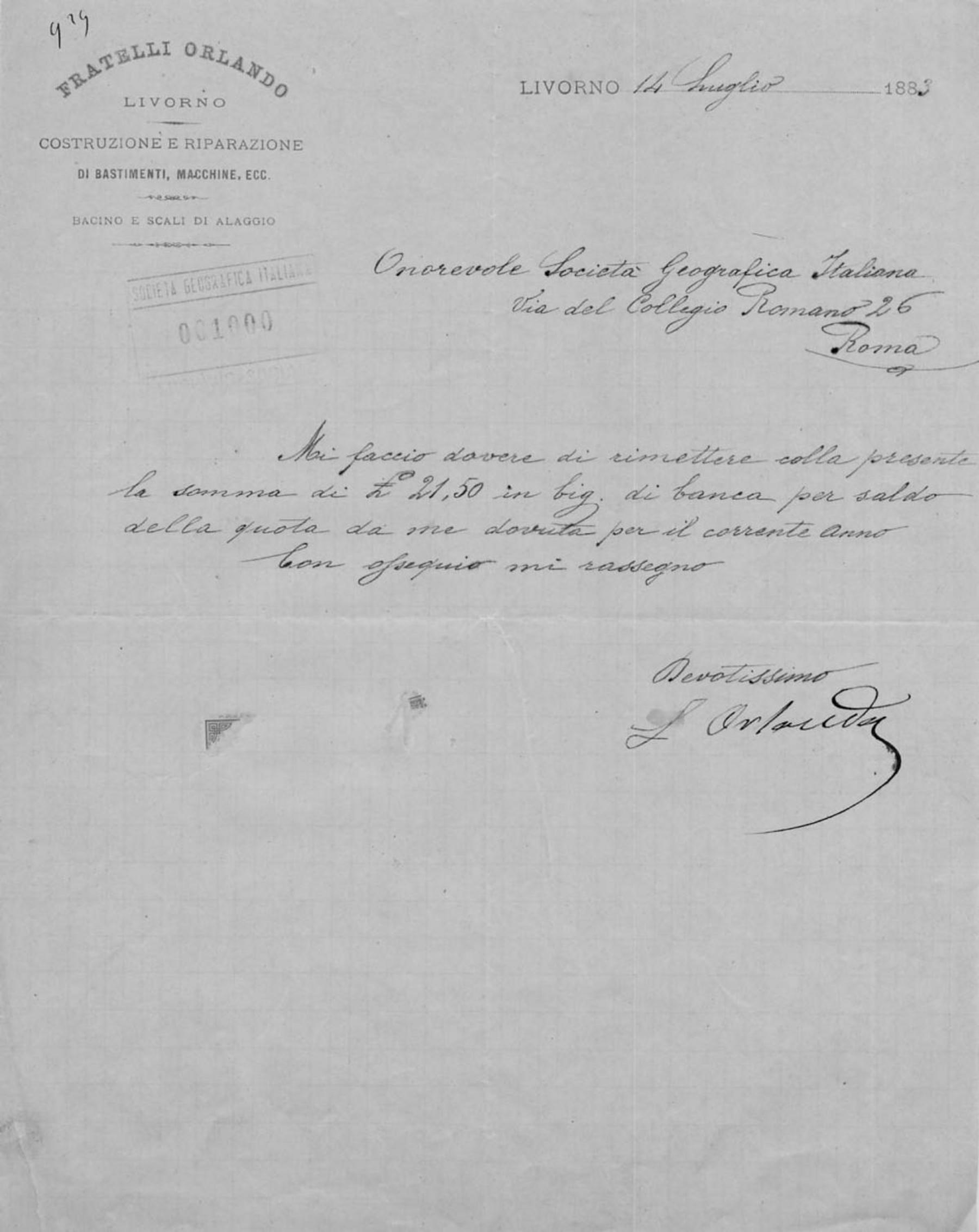 Luigi Orlando a Società geografica italiana 14.7.1883