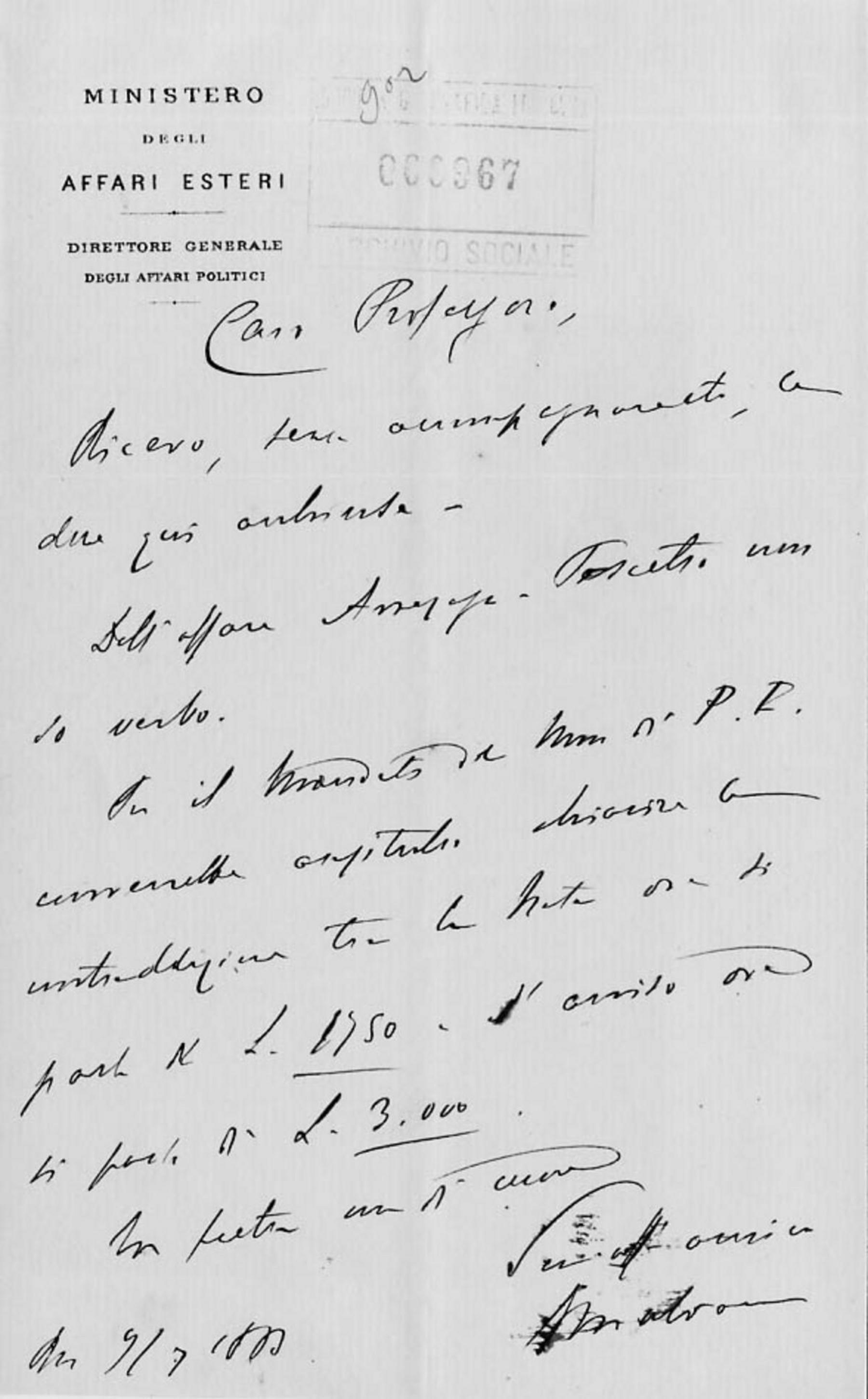 Giacomo Malvano a Giuseppe Dalla Vedova 9.7.1883