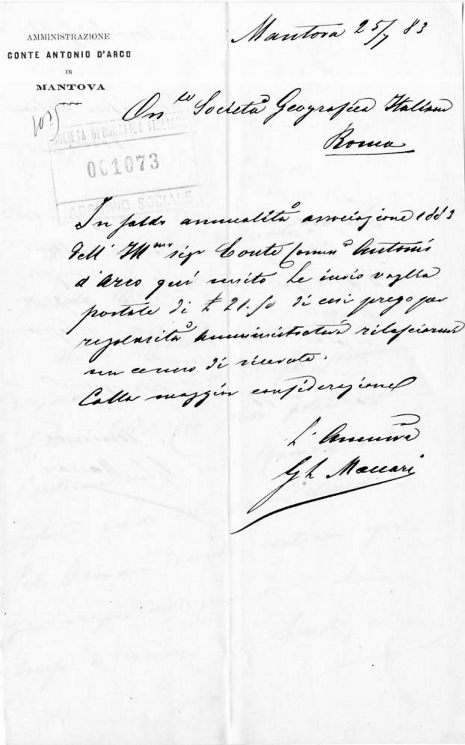 Antonio D'Arco a Società geografica italiana 25.7.1883