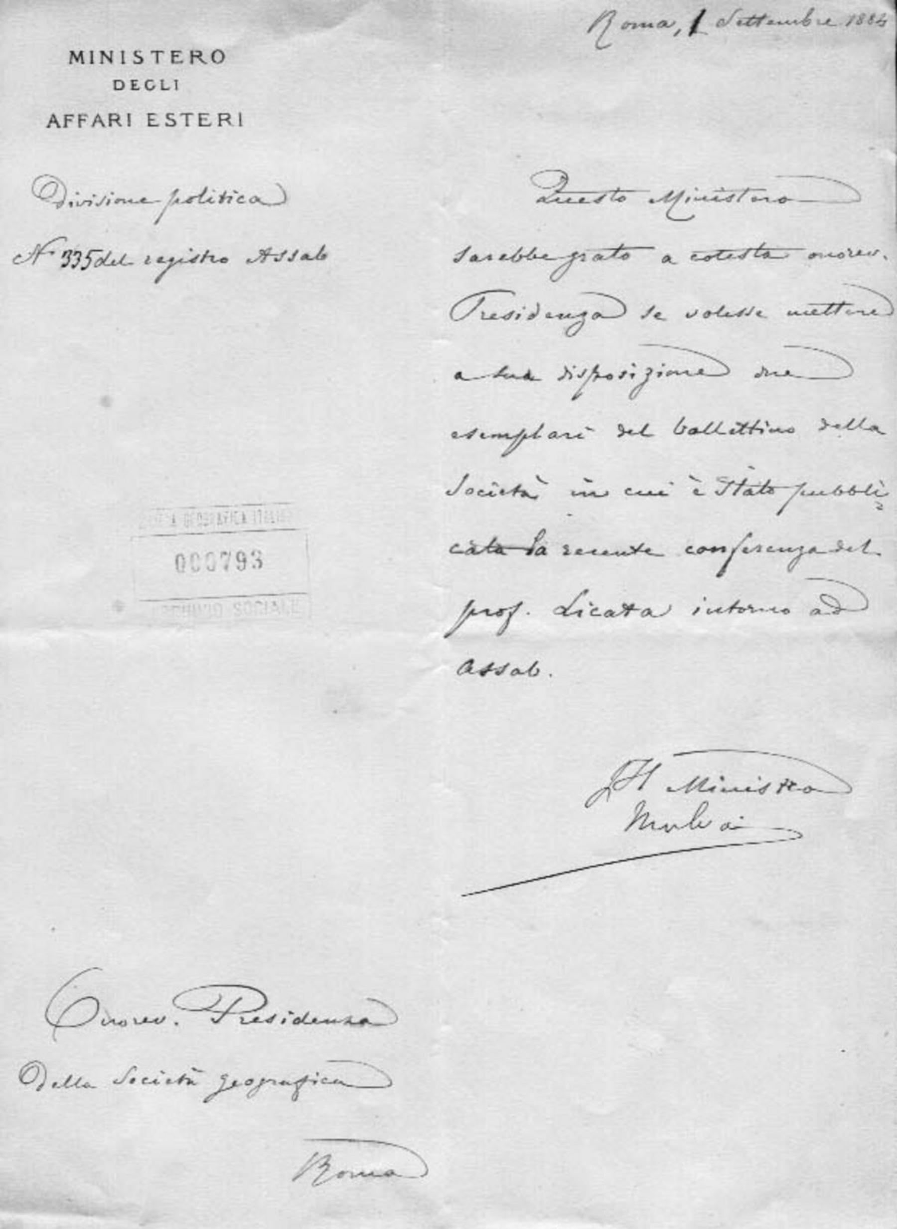 Giacomo Malvano a Onorato Caetani 1.9.1884