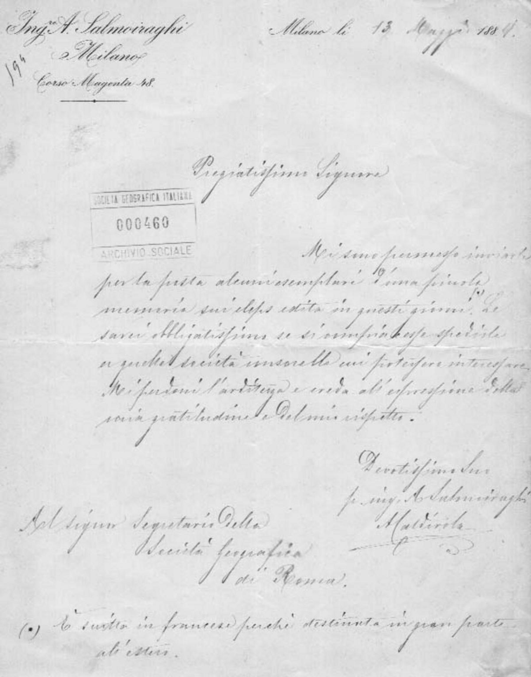 Angelo Sailmoraghi a Giuseppe Dalla Vedova 13.5.1884