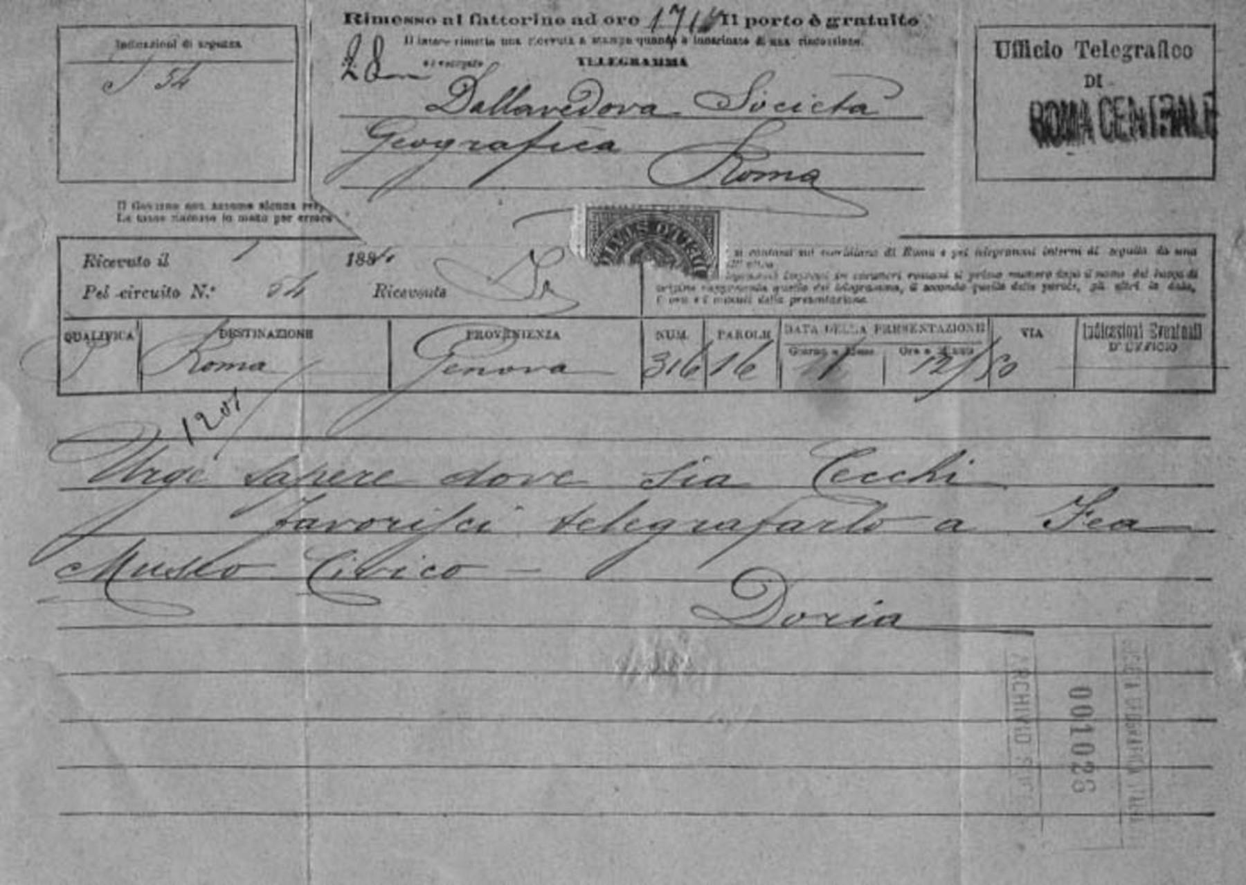 Giacomo Doria a Giuseppe Dalla Vedova 1.12.1884