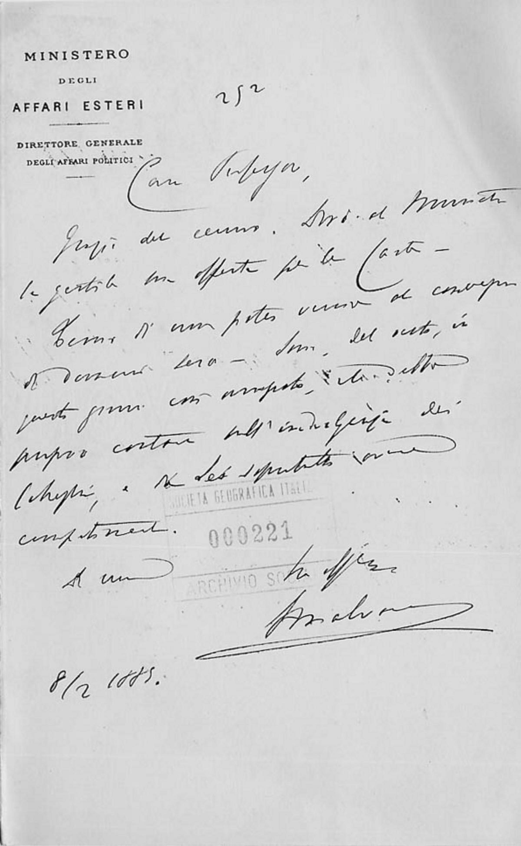 Giacomo Malvano a Giuseppe Dalla Vedova 8.2.1885