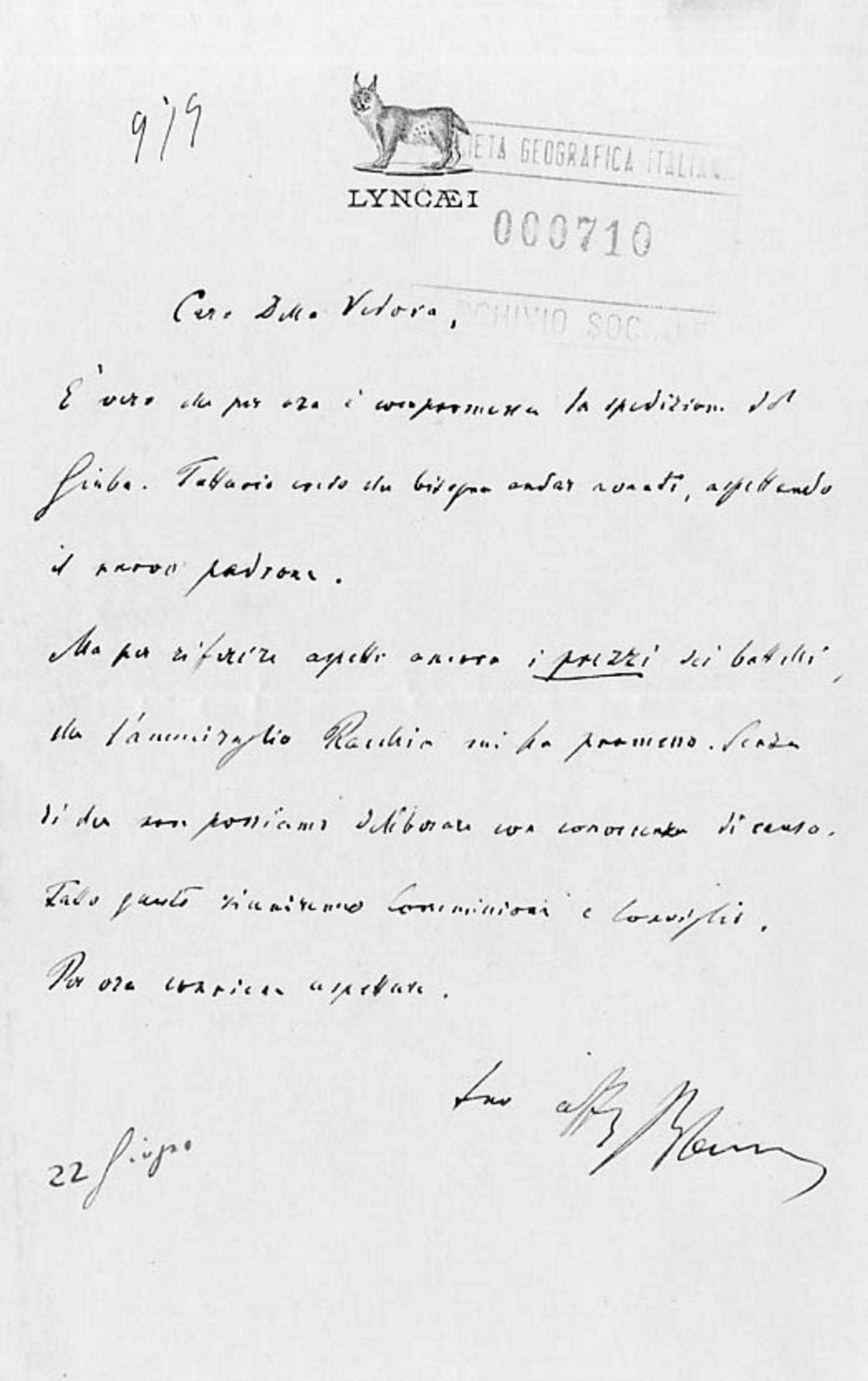 Pietro Blaserna a Giuseppe Dalla Vedova 22.6.1885