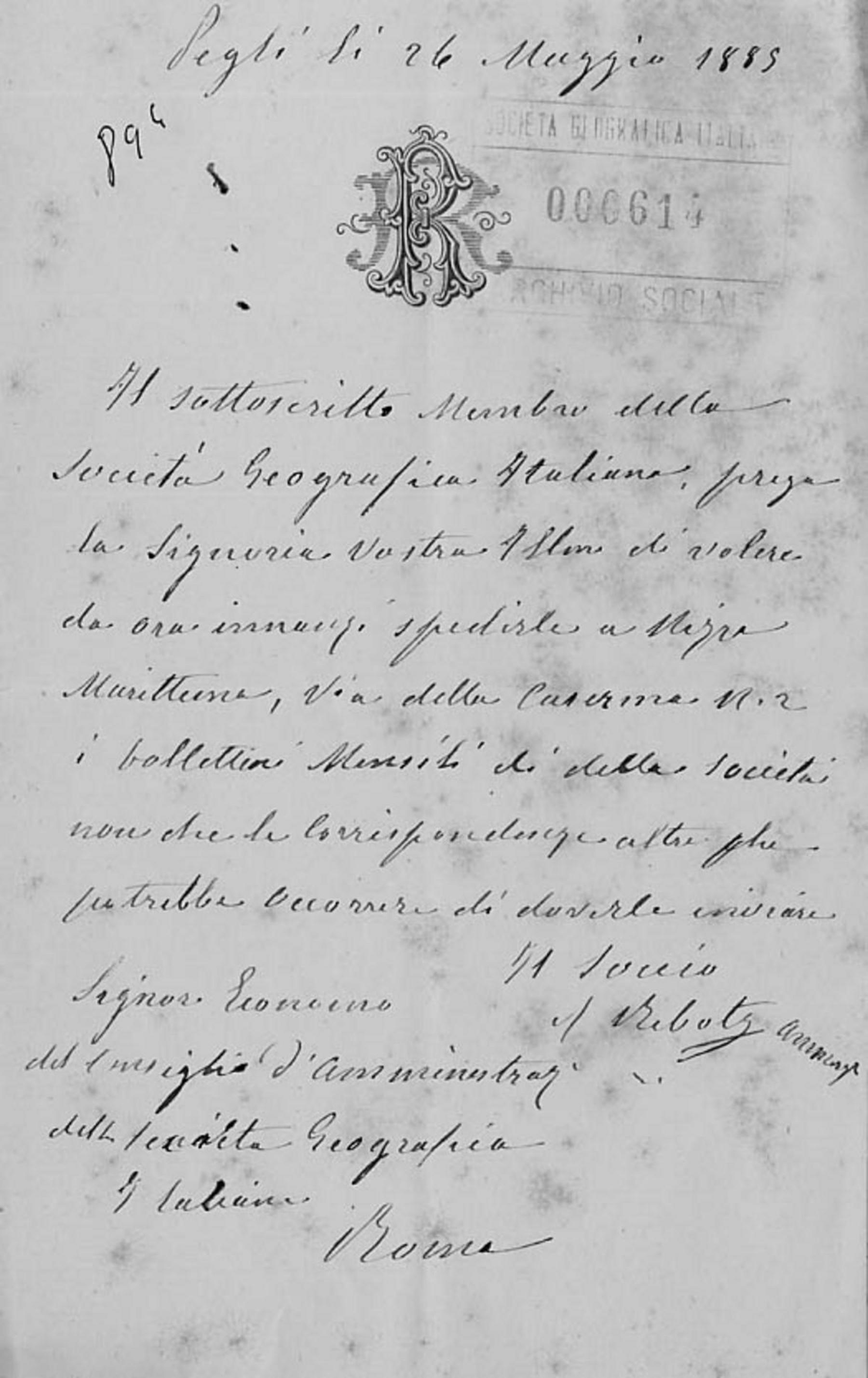 Augusto Riboty a Società geografica italiana 26.5.1885
