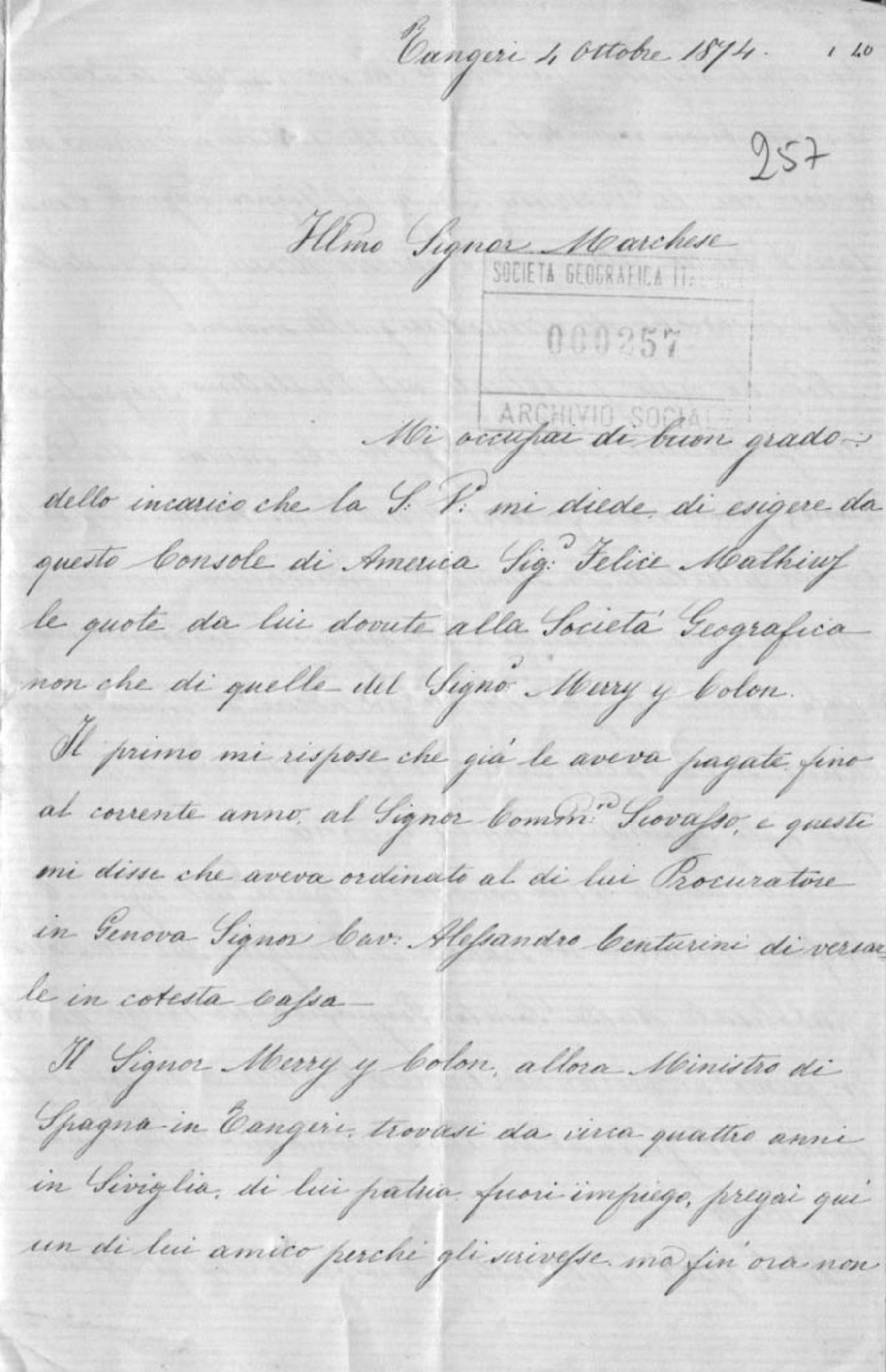 Paolo Grande a Orazio Antinori 4.10.1874