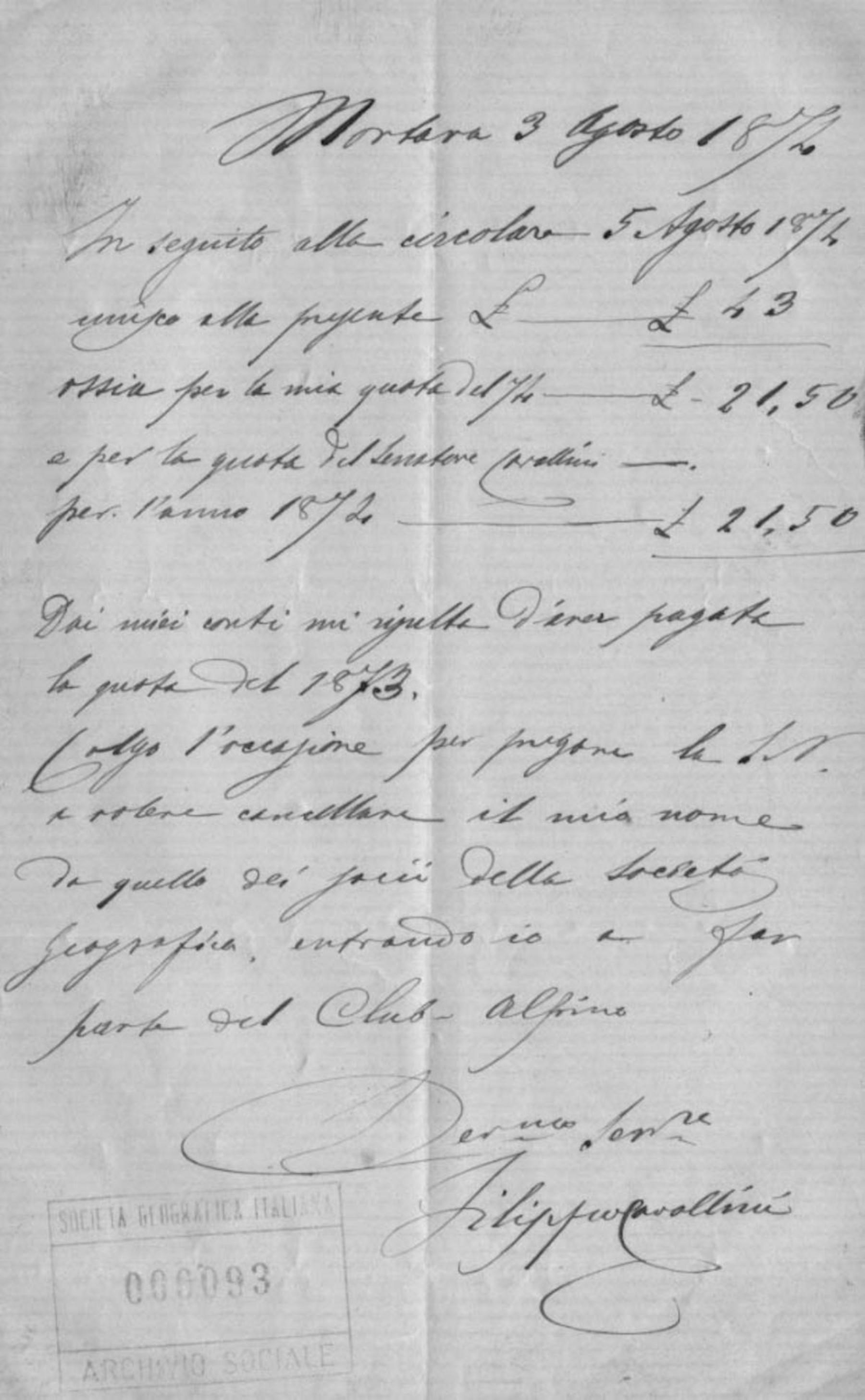Filippo Cavallini a Società geografica italiana 3.8.1874