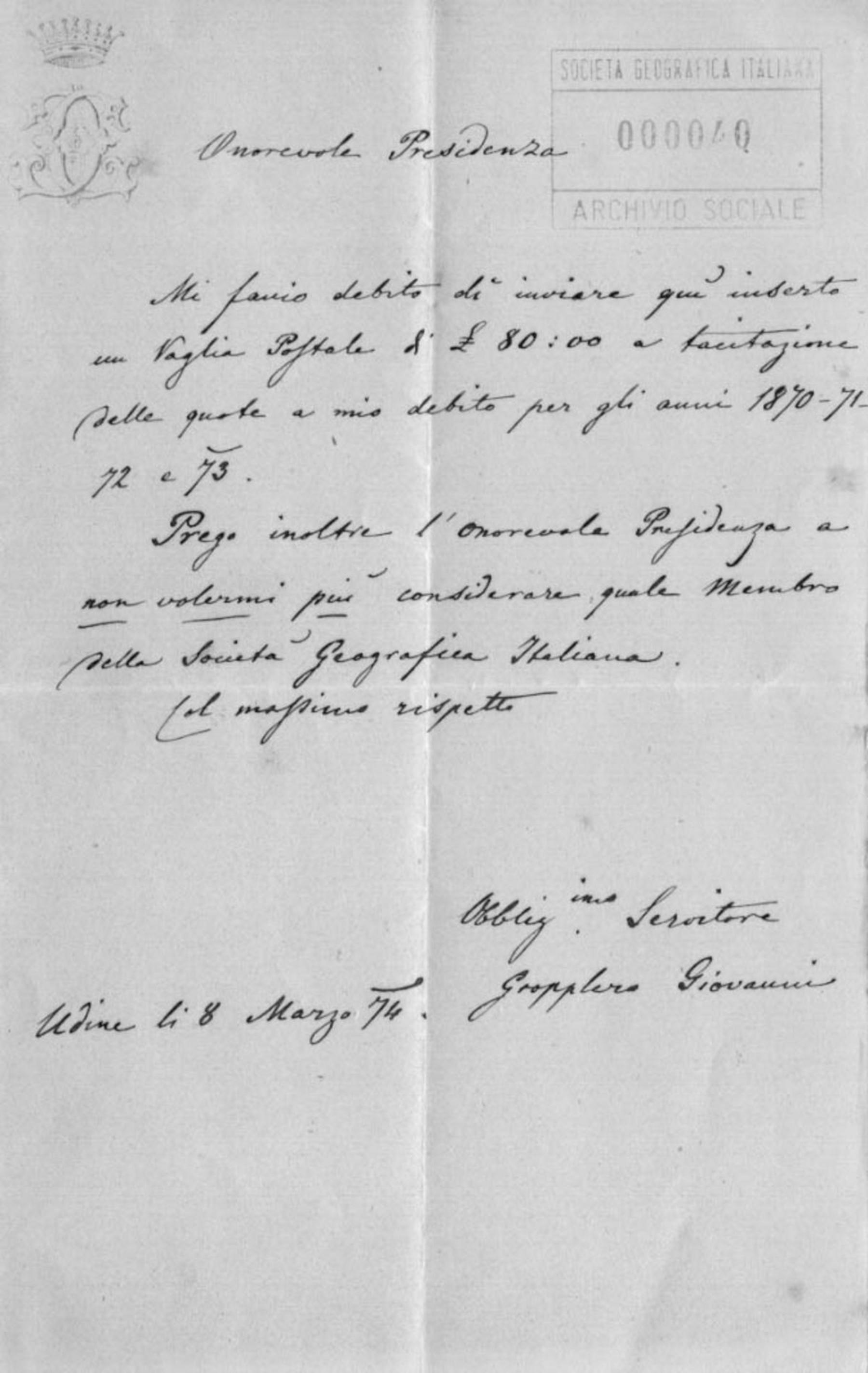 Giovanni Gropplero a Cesare Correnti 8.3.1874