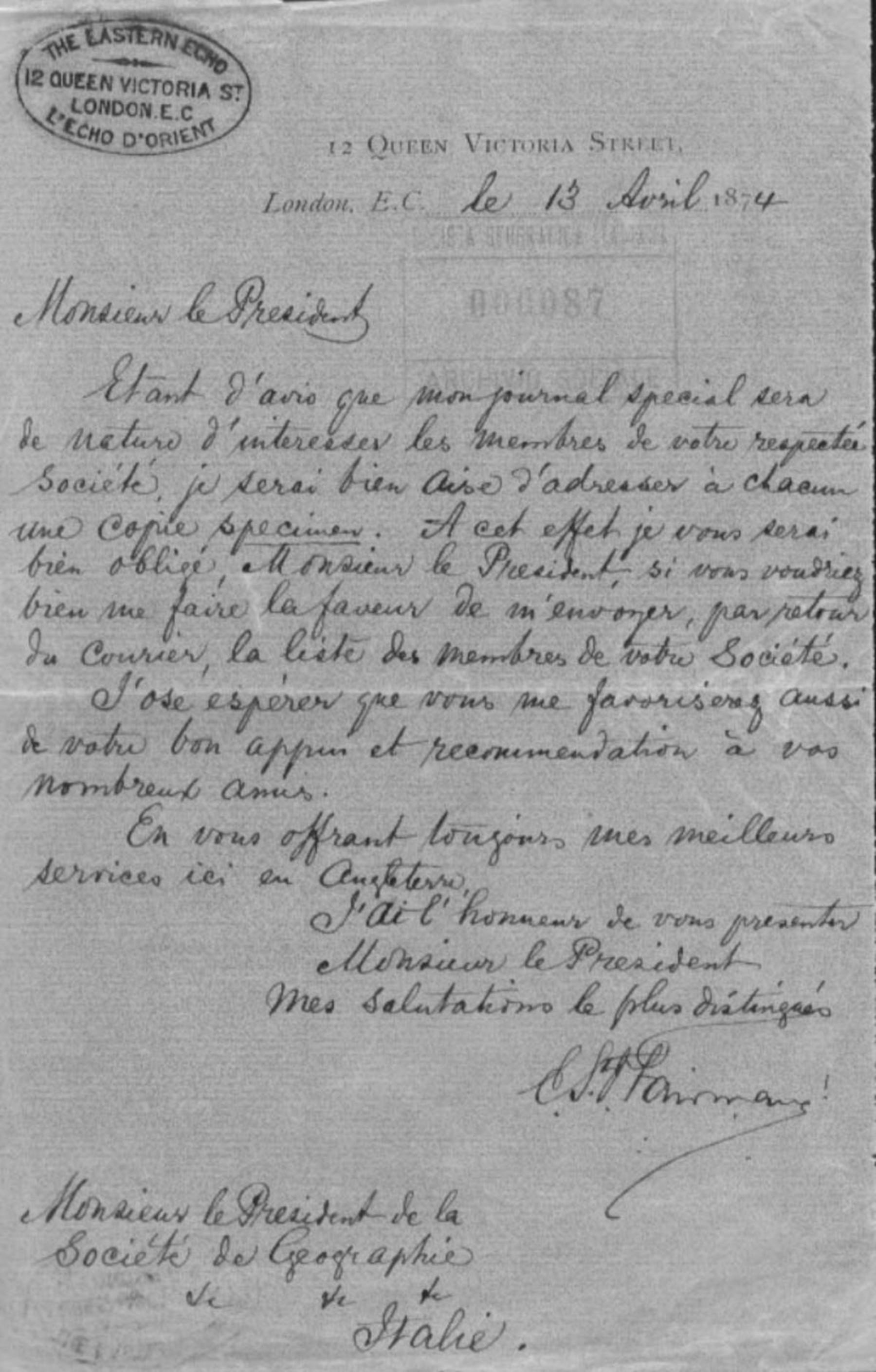 Non identificato a Cesare Correnti 13.4.1874