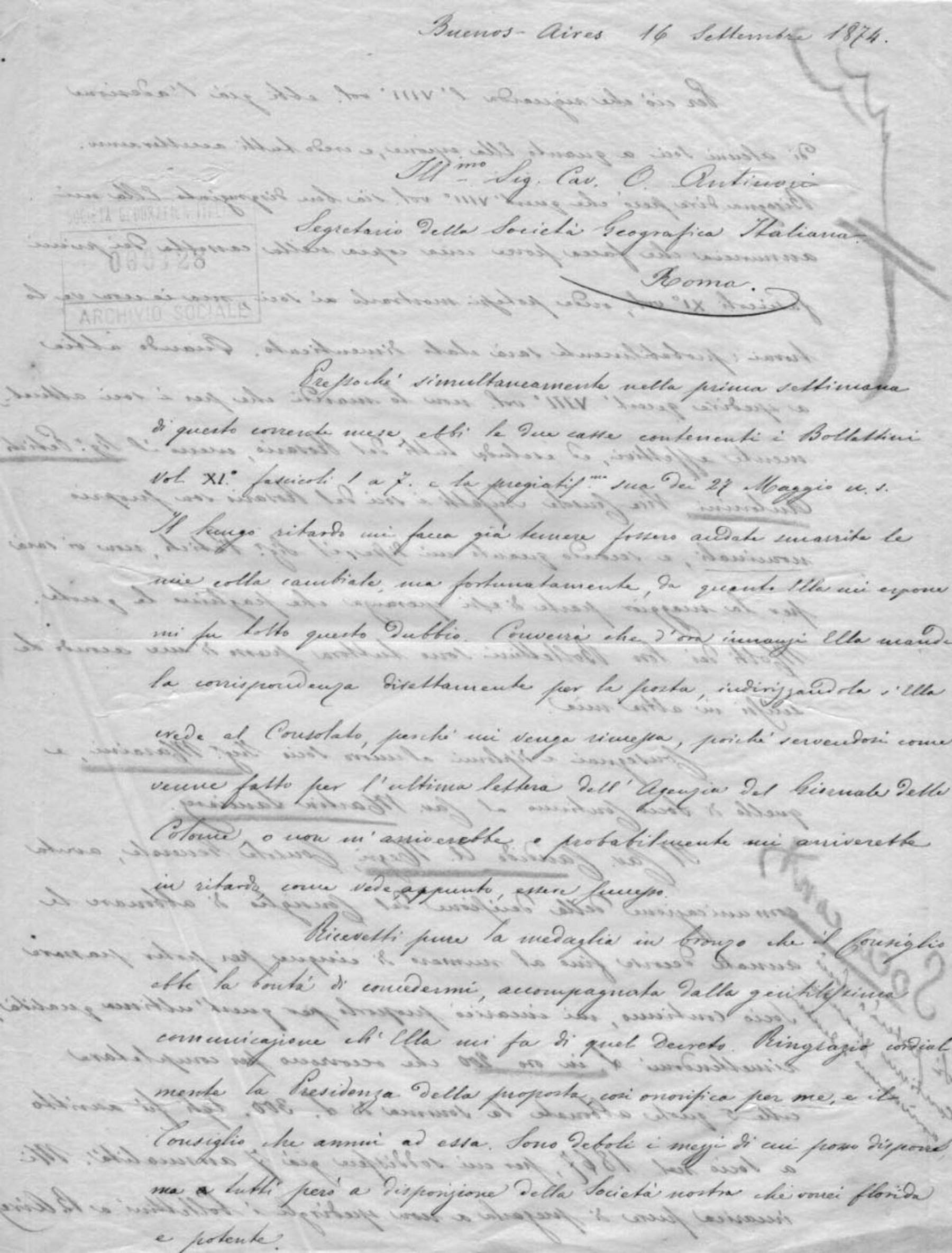 Giovanni Ramorino a Orazio Antinori 16.9.1874