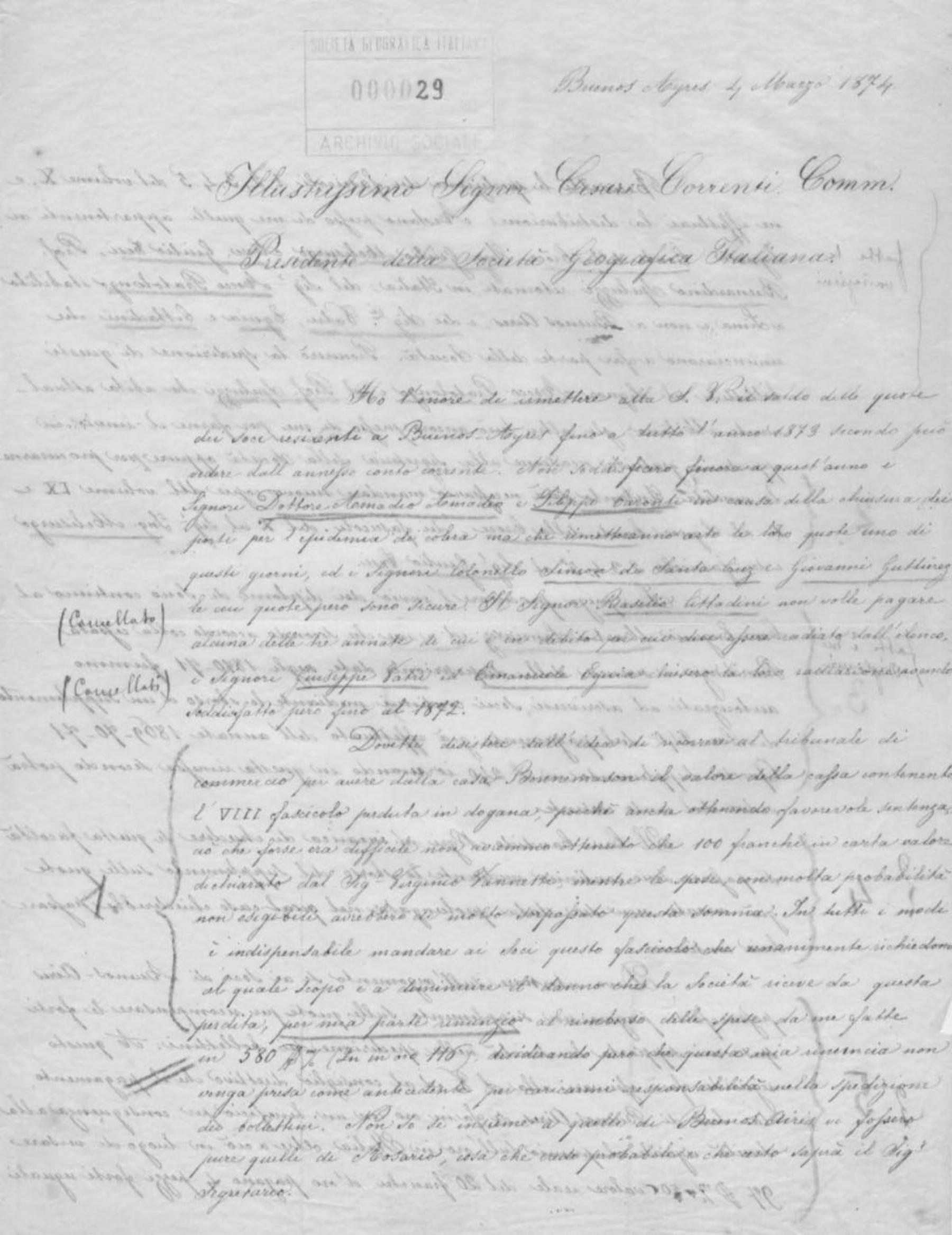 Giovanni Ramorino a Cesare Correnti 4.3.1874