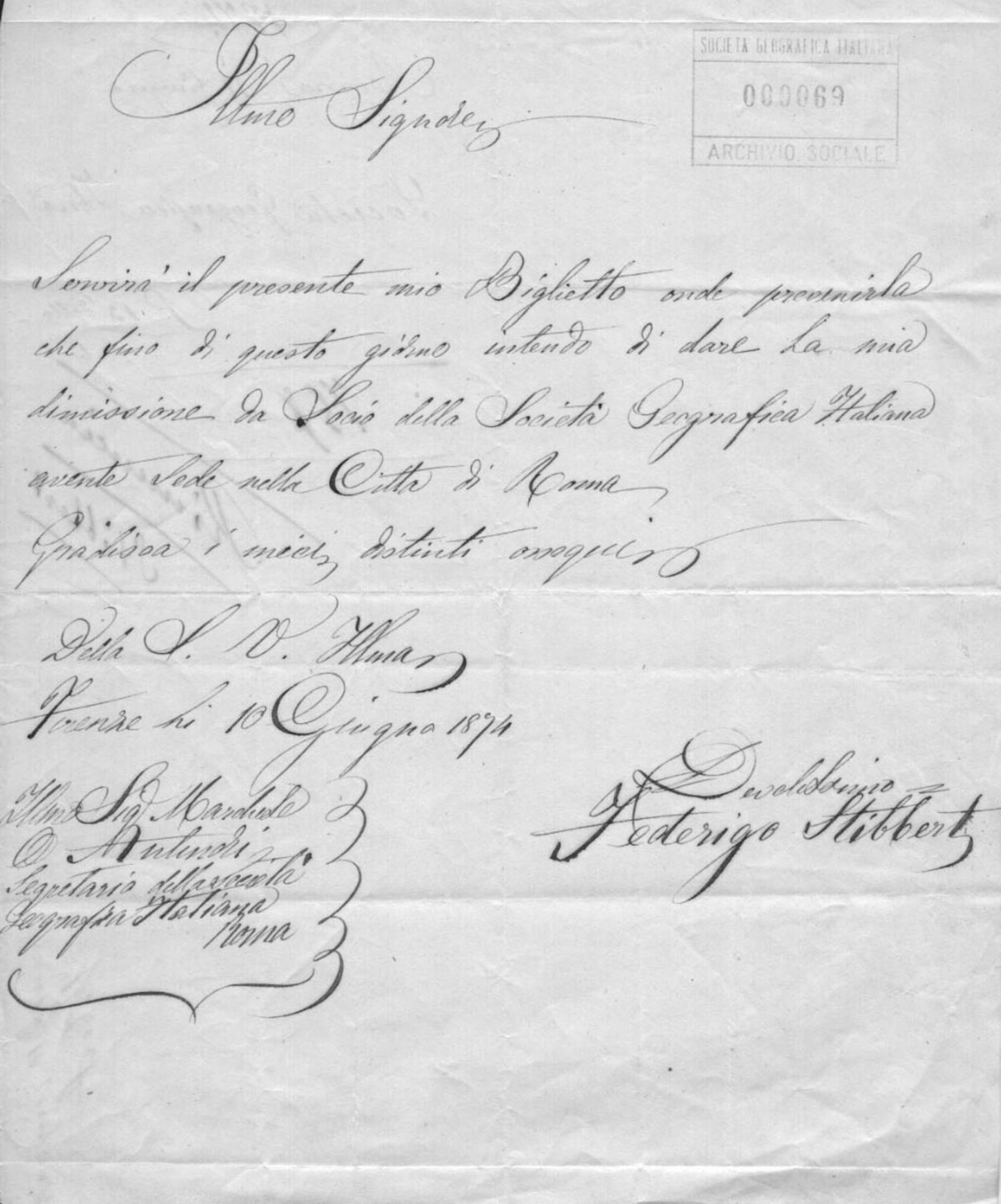 Federigo Stibbert a Orazio Antinori 10.6.1874