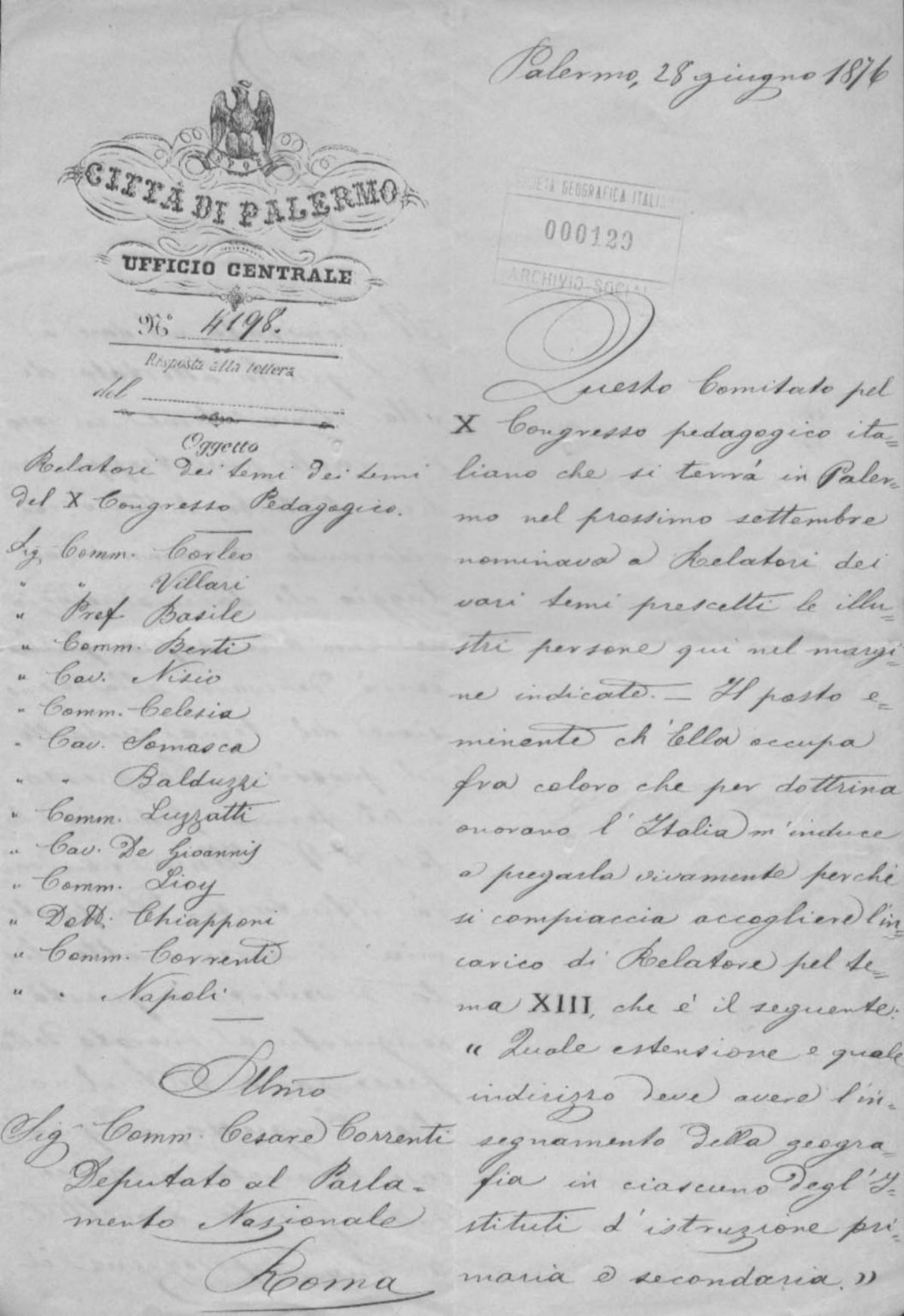 Emanuele Notarbartolo a Cesare Correnti 28.6.1876