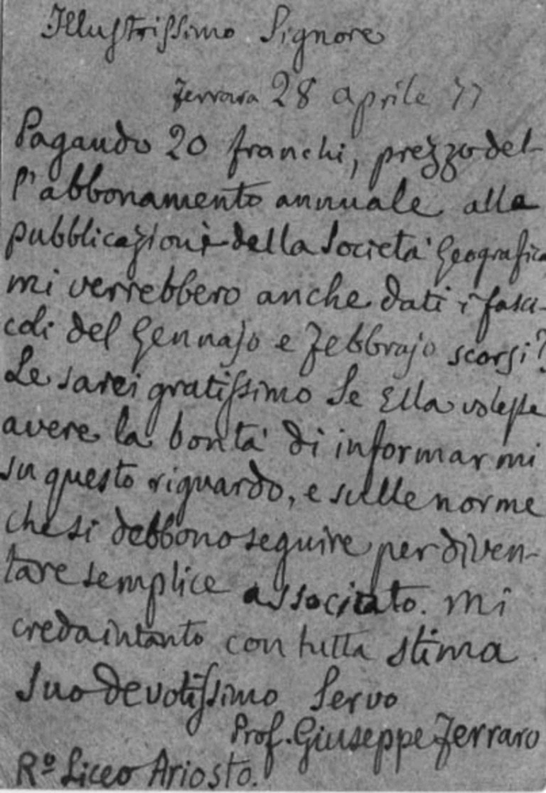 Giuseppe Ferraro a Adolfo Angeli 28.4.1877