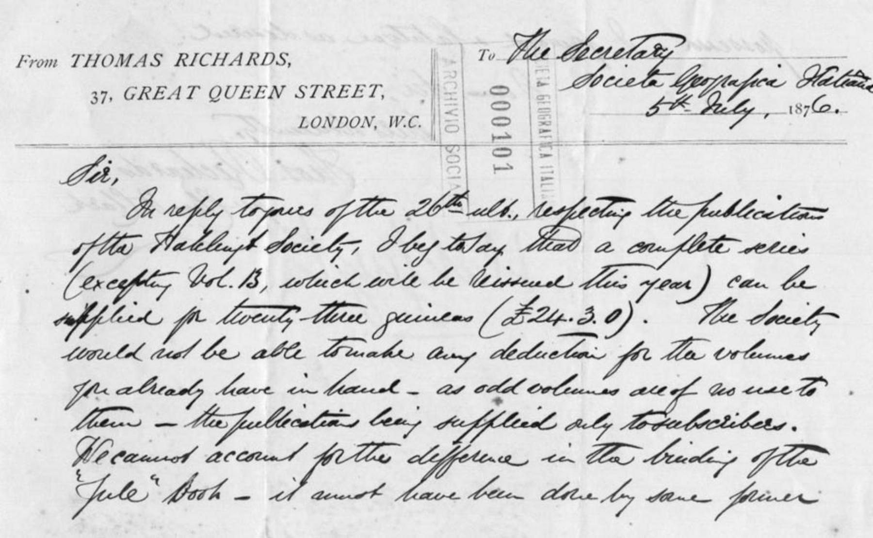 Thomas Richards a Adolfo Angeli 5.7.1876