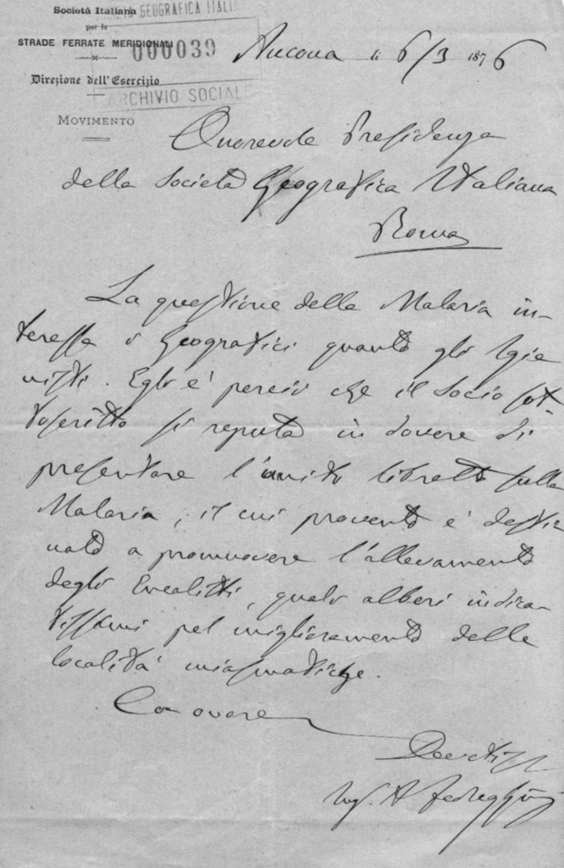 Attilio Fedrighini a Cesare Correnti 6.3.1876