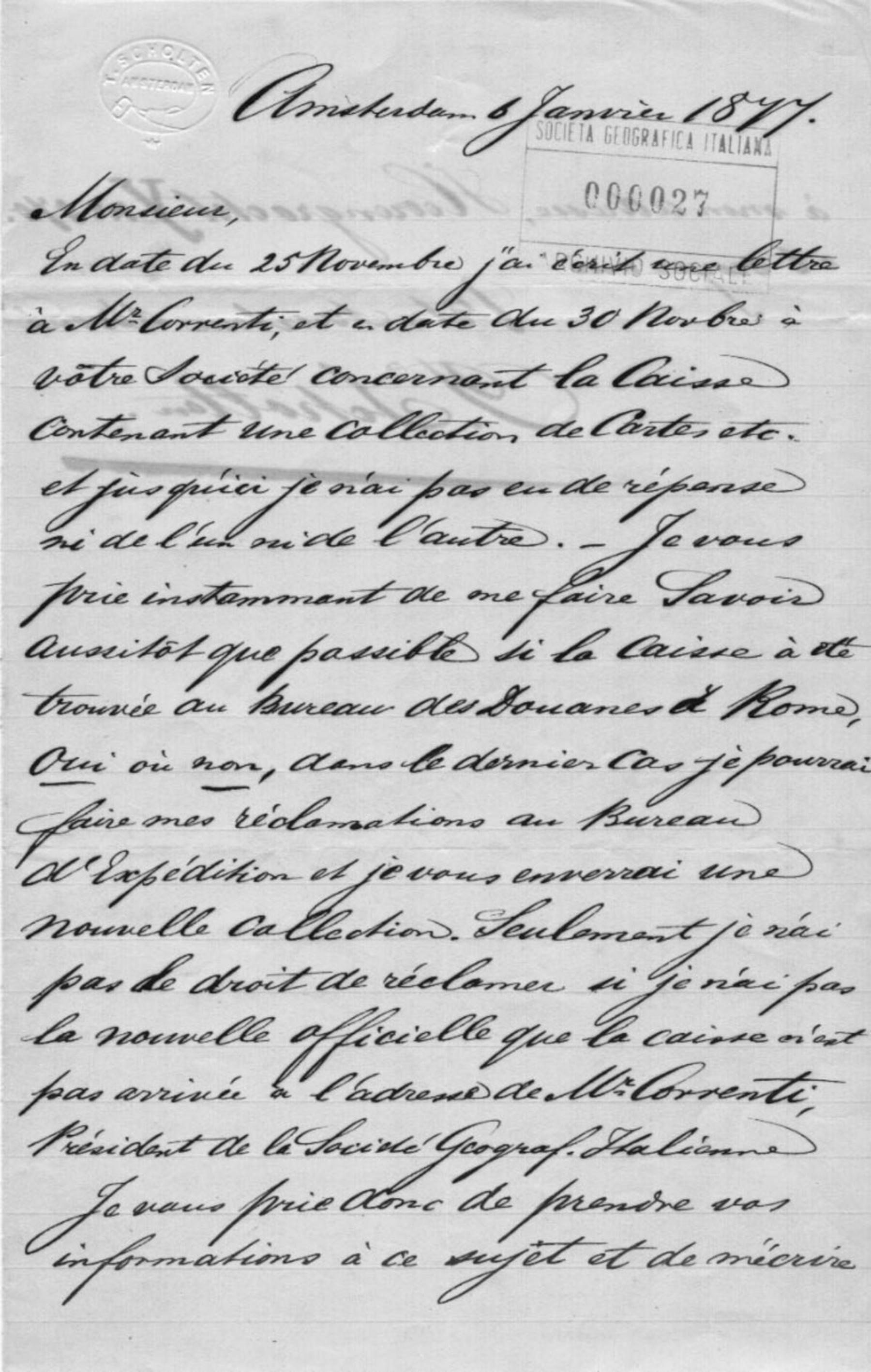 T. Scholten a Società geografica italiana 6.1.1877