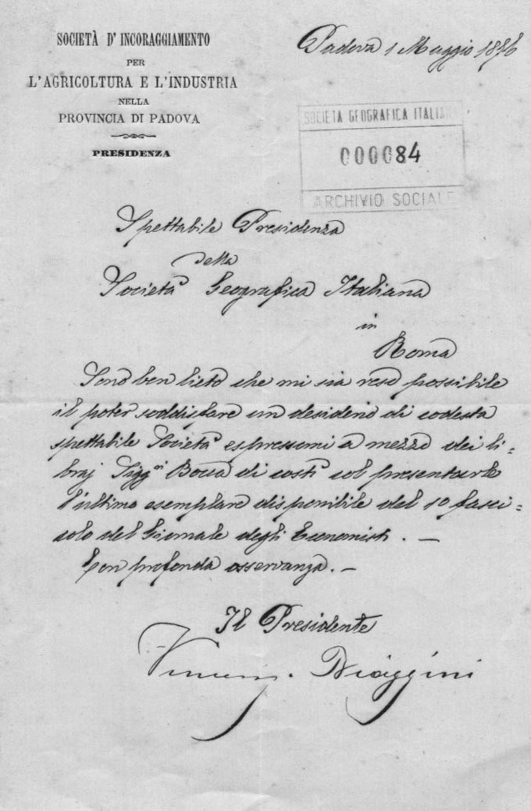 Vincenzo Biagini a Cesare Correnti 1.5.1876