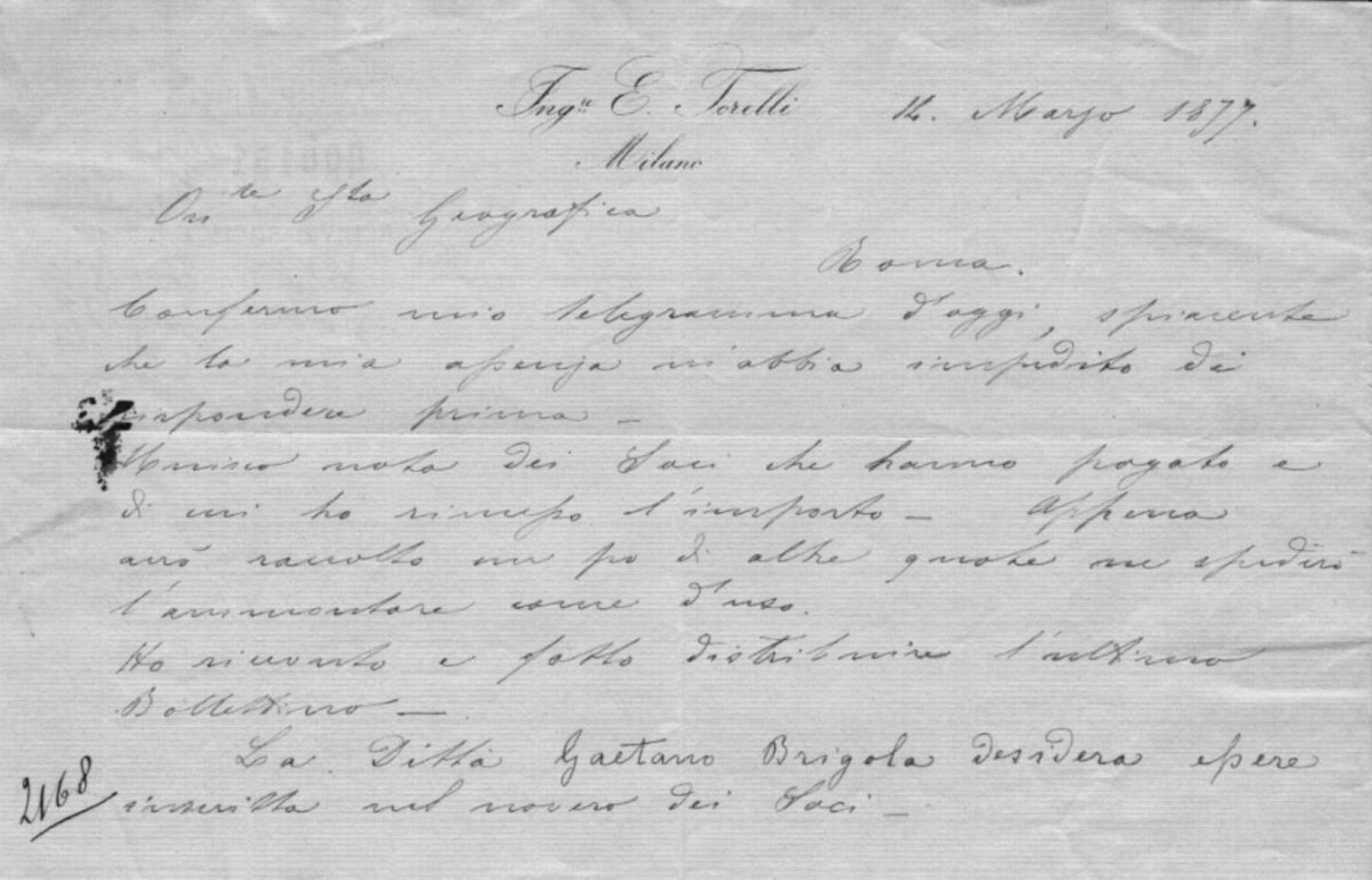 Enea Torelli a Società geografica italiana 14.3.1877