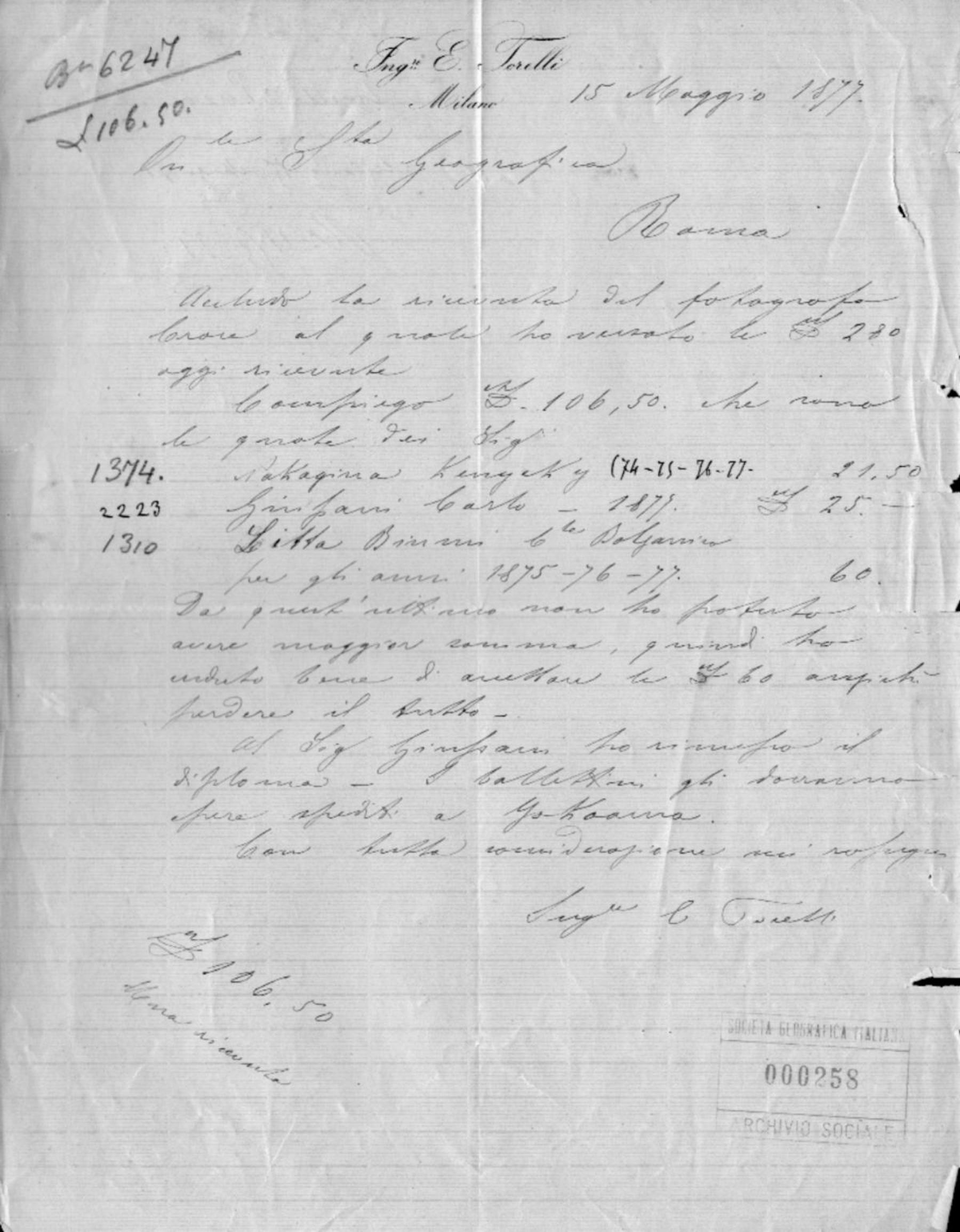 Enea Torelli a Società geografica italiana 15.5.1877