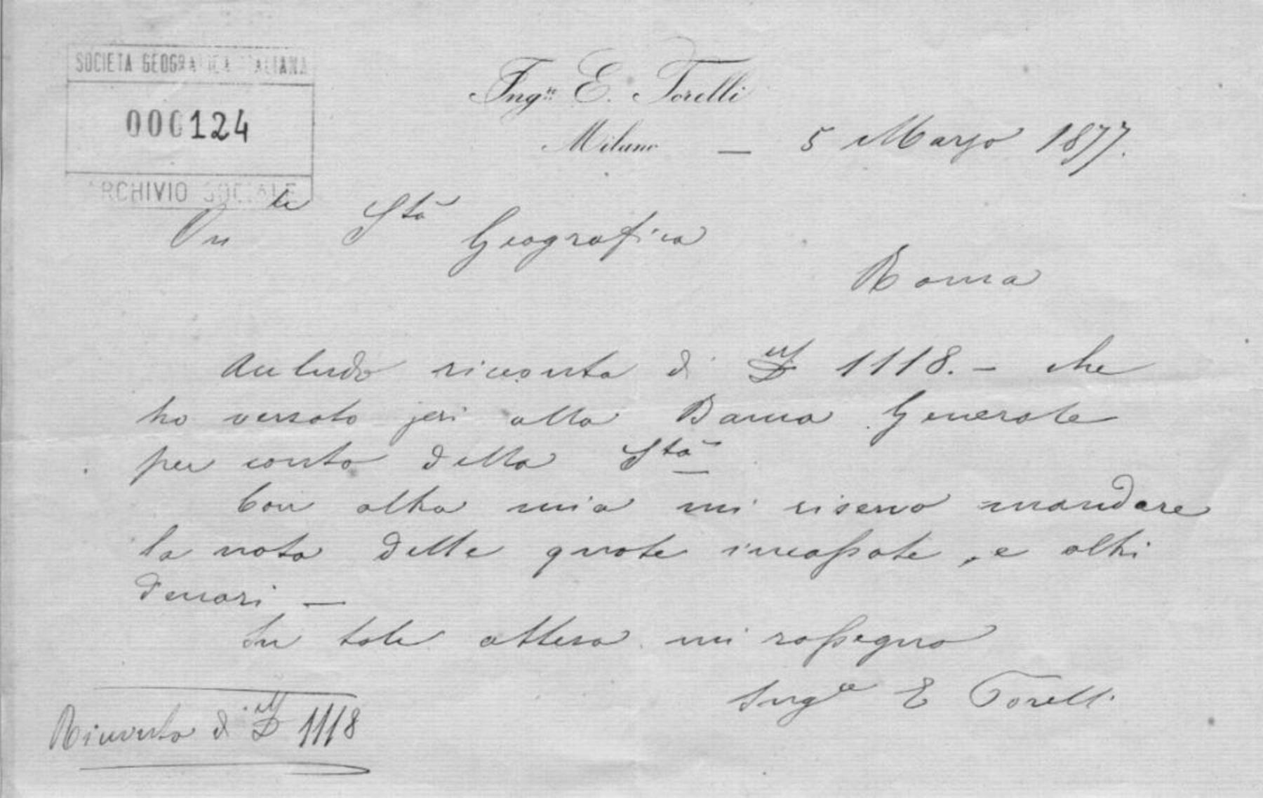 Enea Torelli a Società geografica italiana 5.3.1877